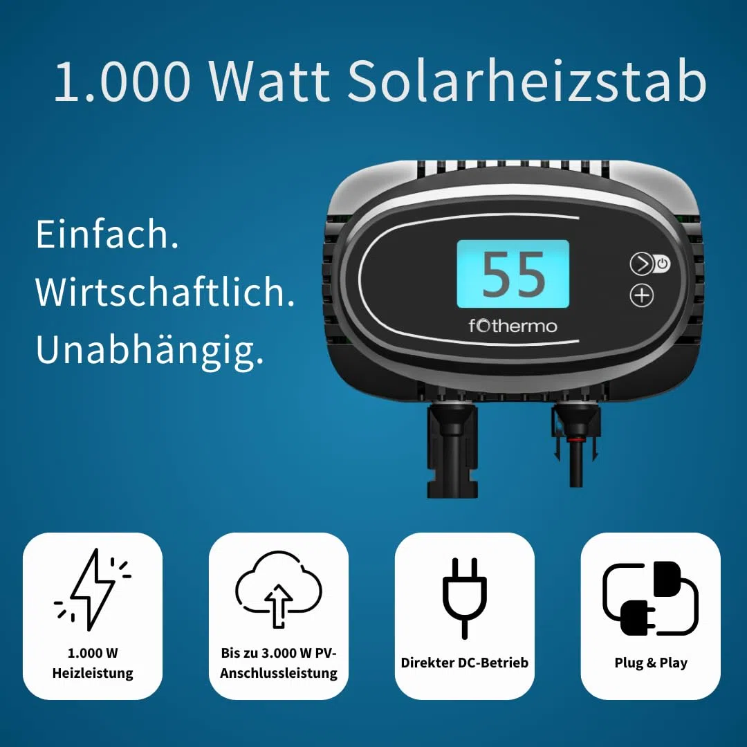 fothermo Solar Heizstab Komplettset 1000W mit 4x Aiko 500Wp PV Modulen – Photovoltaik Warmwasserbereitung für Boiler & Warmwasserspeicher – Plug & Play ROD-1000
