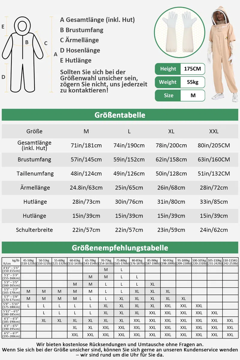 Imkeranzug Herren & Damen | Bienenanzug für Herren | Bienenschutzkleidung Ganzkörper Imkerei Schutzanzug | Unisex Weiß Imker Kostüm mit Schleier, Handschuhe (L)