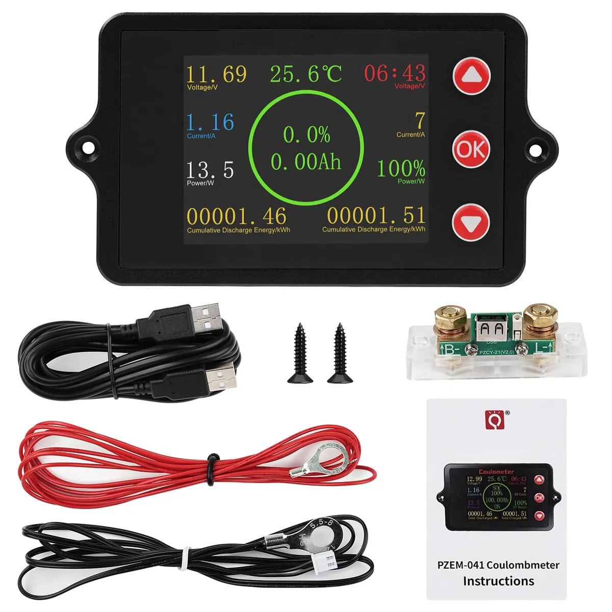 Batterie monitor DC8-100V Batteriewächter 100A batteriemonitor coulometer lithium battery guard Farbbildschirm mit 100A Reiner Kupfer Shunt Temperatursensor und Alarmfunktion