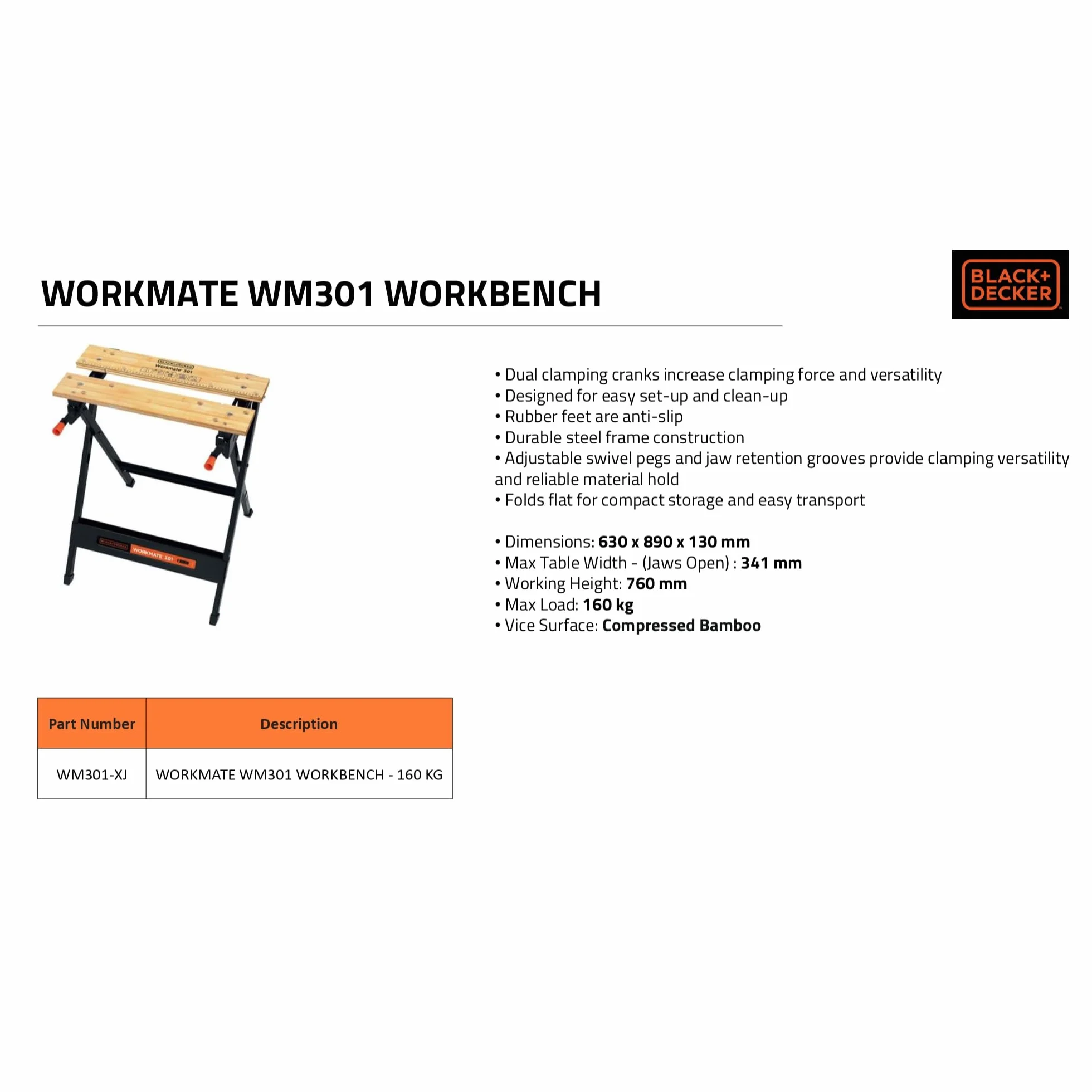 BLACK+DECKER tragbare Werkbank für Werkstatt - Sägebock Werkbank klappbar als Werkstatteinrichtung (freistehend, Abmessung der Arbeitsplatte: 610x250 mm, max. Tragkraft: 160 kg) WM301