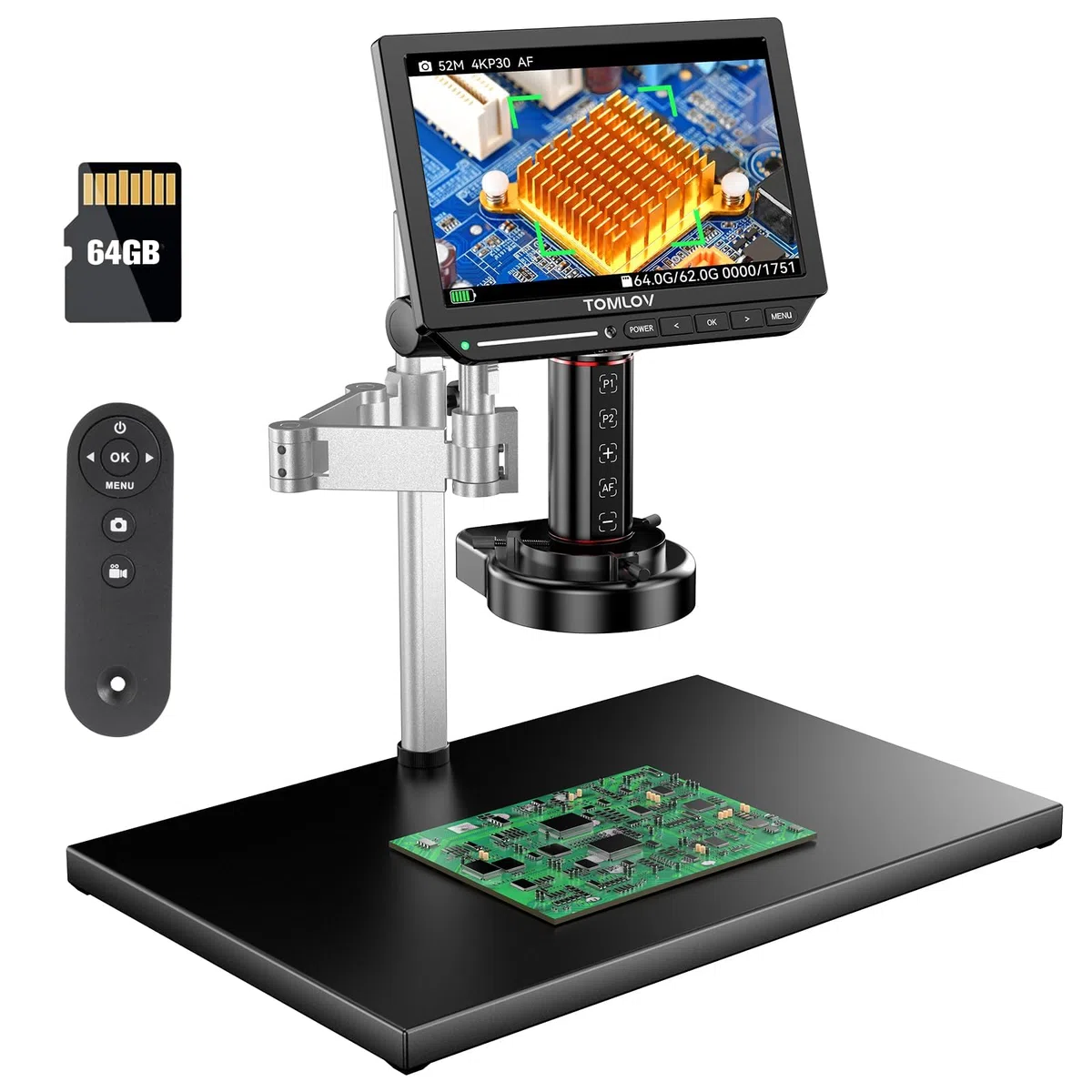 TOMLOV TM4K-AF Max Autofokus Digital Mikroskop 2000X, 4K 10,1" IPS-Schwenkarm-Lötmikroskop für Erwachsene, 52MP HDMI-Mikroskopkamera für Münzen und Löten, mit Ringlicht, PC/TV-kompatibel, 64GB