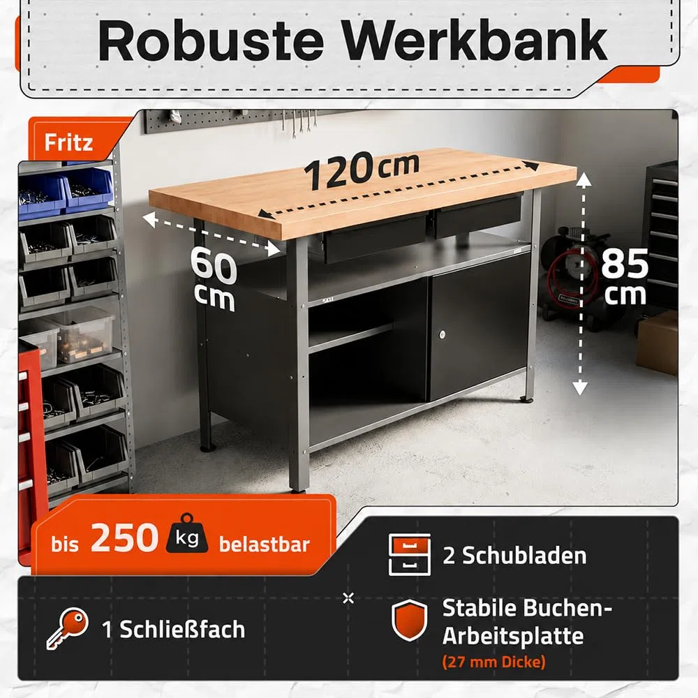 Ondis24 Werkbank Fritz - Höhenverstellbare Werkbank Mit Schubladen, Metall Anthrazit, 120x60x85cm, 28mm Dicke Buchen-Arbeitsplatte, Abschließbare Tür, Belastbar Bis 250kg - Perfekt für Werkstätten
