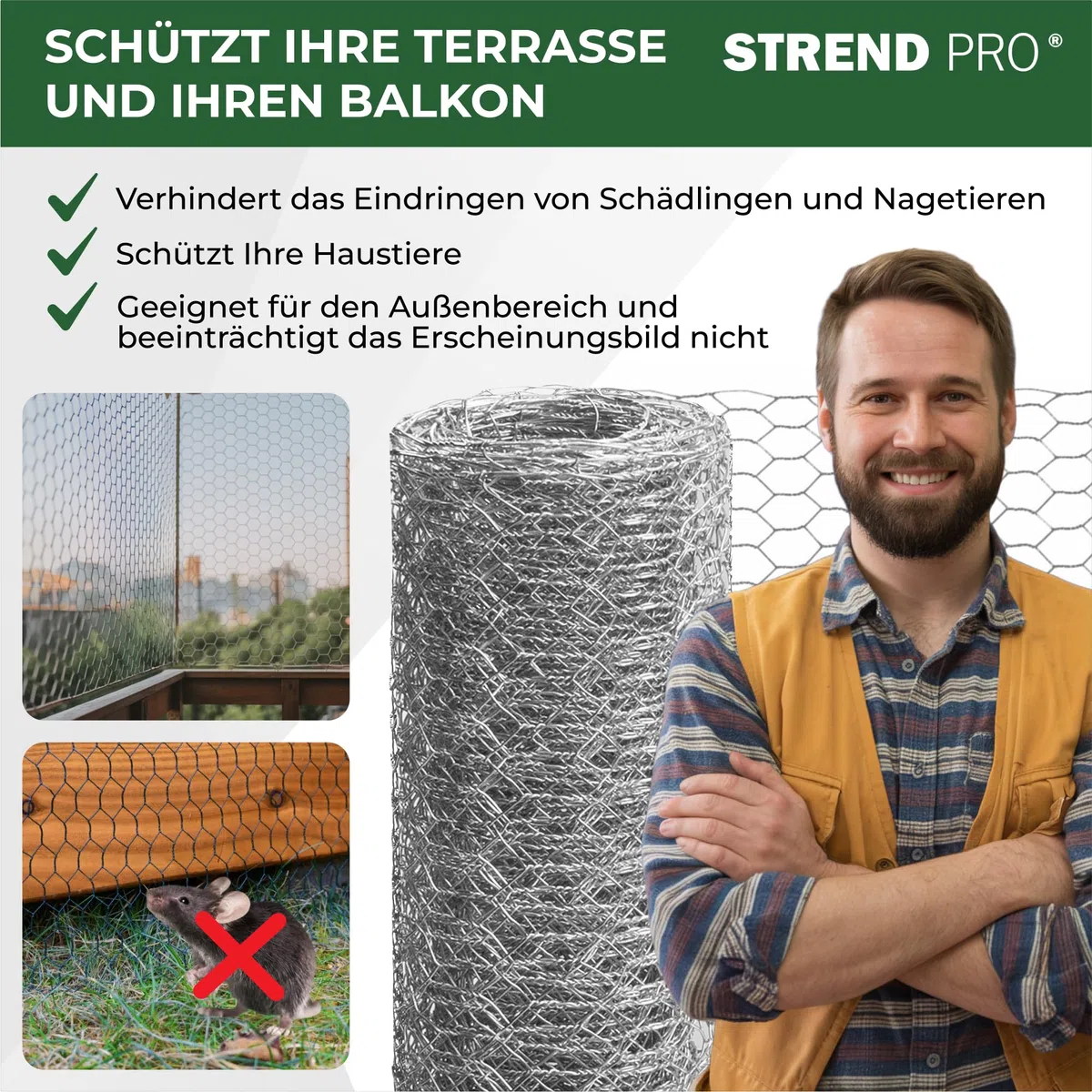 STREND PRO Maschendrahtzaun | Verzinkt | 1m x 50m | 0,7 mm, 13mm HEX | Kaninchendraht, Hasendraht, Volierendraht für Garten & Tierhaltung | Hasengitter, Hühnerzaun, Gartenzaun