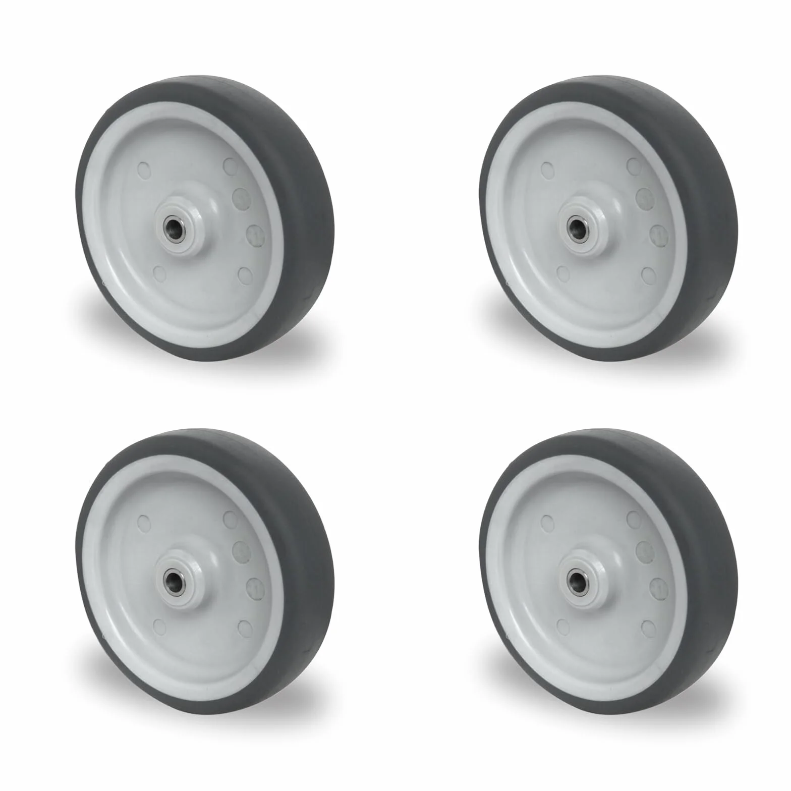 4er Set Einbaurad 150 mm – TPE Apparaterolle Grau – 100 kg Tragkraft pro Rad – Spurlos & Leise – Ersatzrad für Transportwagen, Grillwagen & Werkstatt – Gleitlager inkl. Achsmaterial