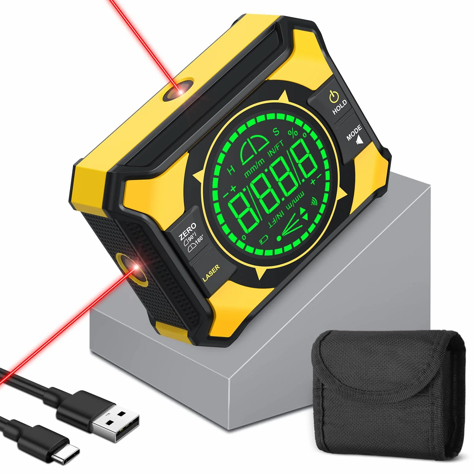 3-in-1 Digitaler Winkelsucher mit Laserwasserwaage, Magnetisch und Wandhalterung, 0-90° & 0-180° Messbereich, Neigungsmesser für Holzarbeiten, Bau, Dekoration