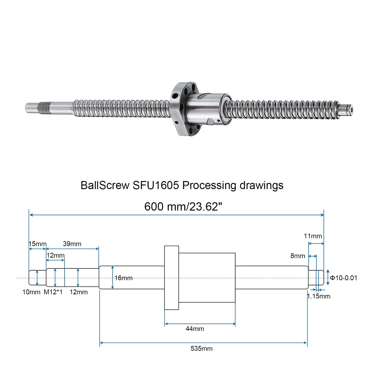 QUARKZMAN Kugelumlaufspindel SFU1605 (Durchmesser 16mm, Steigung 5mm, Länge 600mm) mit Kugelumlaufmutter Anti-Backlash Kugelumlaufspindel-Kit Standard-Endbearbeitung für BK/BF12
