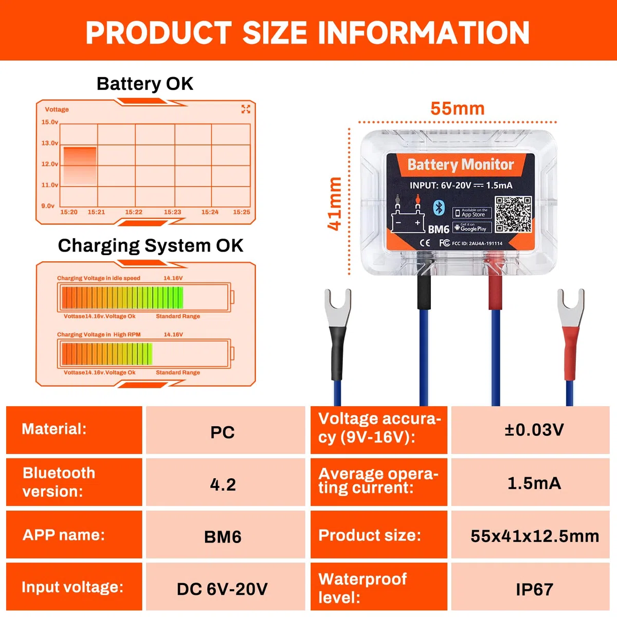 Batteriewächter 12v Bluetooth 4.2 Battery guard DC 6V-20V Batterie monitor Überwachung Batteriestatus in Echtzeit mit Kurzschluss und Verpolungsschutz Abnormale Warnung.