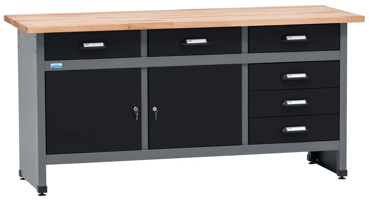 Küpper Werkbank 12179, 170x84x60 cm, 6 Schubladen, 2 Türen, 300 kg Traglast, 30 mm Massive Buchenarbeitsplatte (Schwarz, 170x84x60 cm)