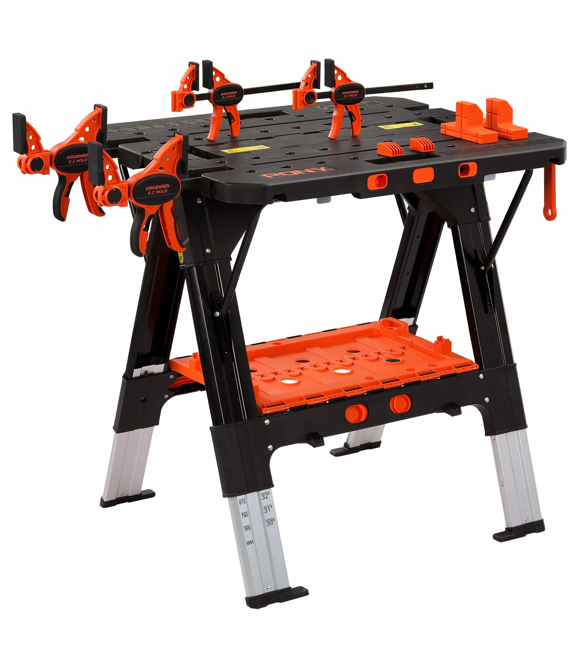 Pony 2 in 1 Werkbank klappbar bis 454kg belastbar, klappbare Sägebock mit ausziehbaren Aluminiumbeinen, Arbeitsbock mit 4 Schraubzwingen 150/300mm & 4 Stöcken, 79 x 63,5 x 89 cm