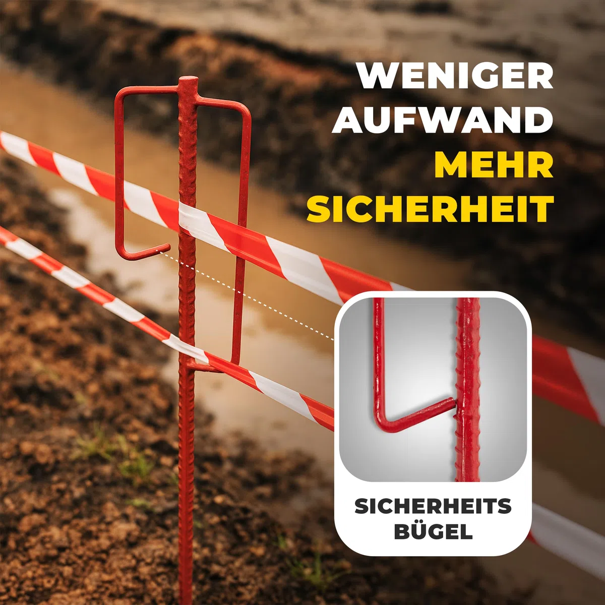 Novatool 10er-Set Absperrbandhalter Ø12 x 1100mm Rot, Metall Absperrband Absperrstangen Laternenstange Absperrleinenhalter Absperrhalter Schnureisen Schnurnagel, für Baustelle & Garten