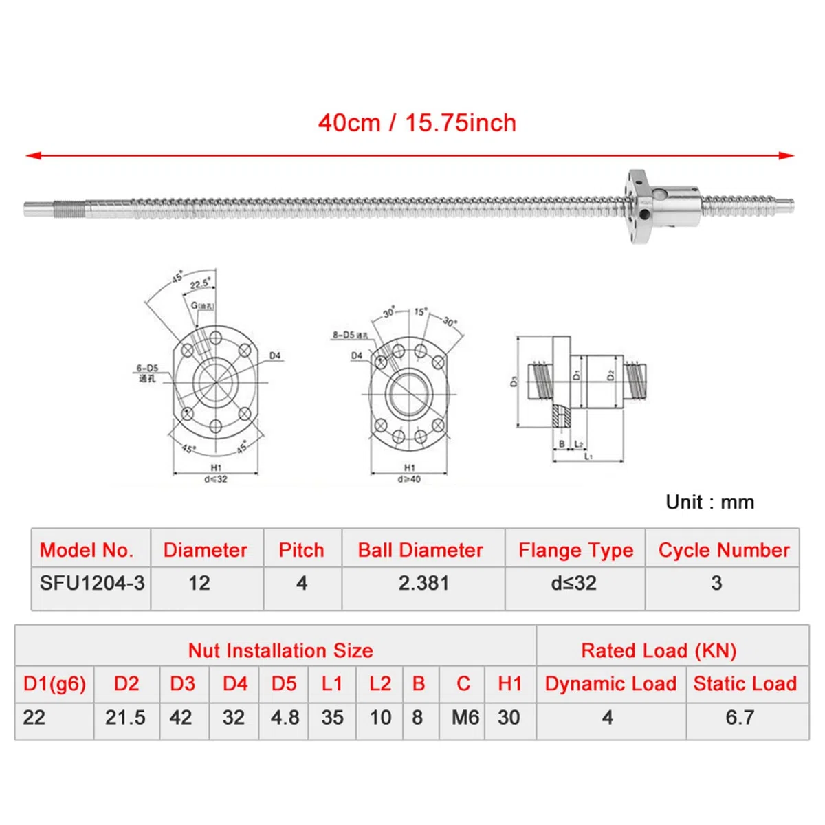 Fafeicy SFU1204 Kugelumlaufspindel 400mm mit Spielfreier Kugelmutter, Gerollte Spindel, Geringe Reibung, Hohe Effizienz, Präzise Positionierung, 12 mm Schraubendurchmesser