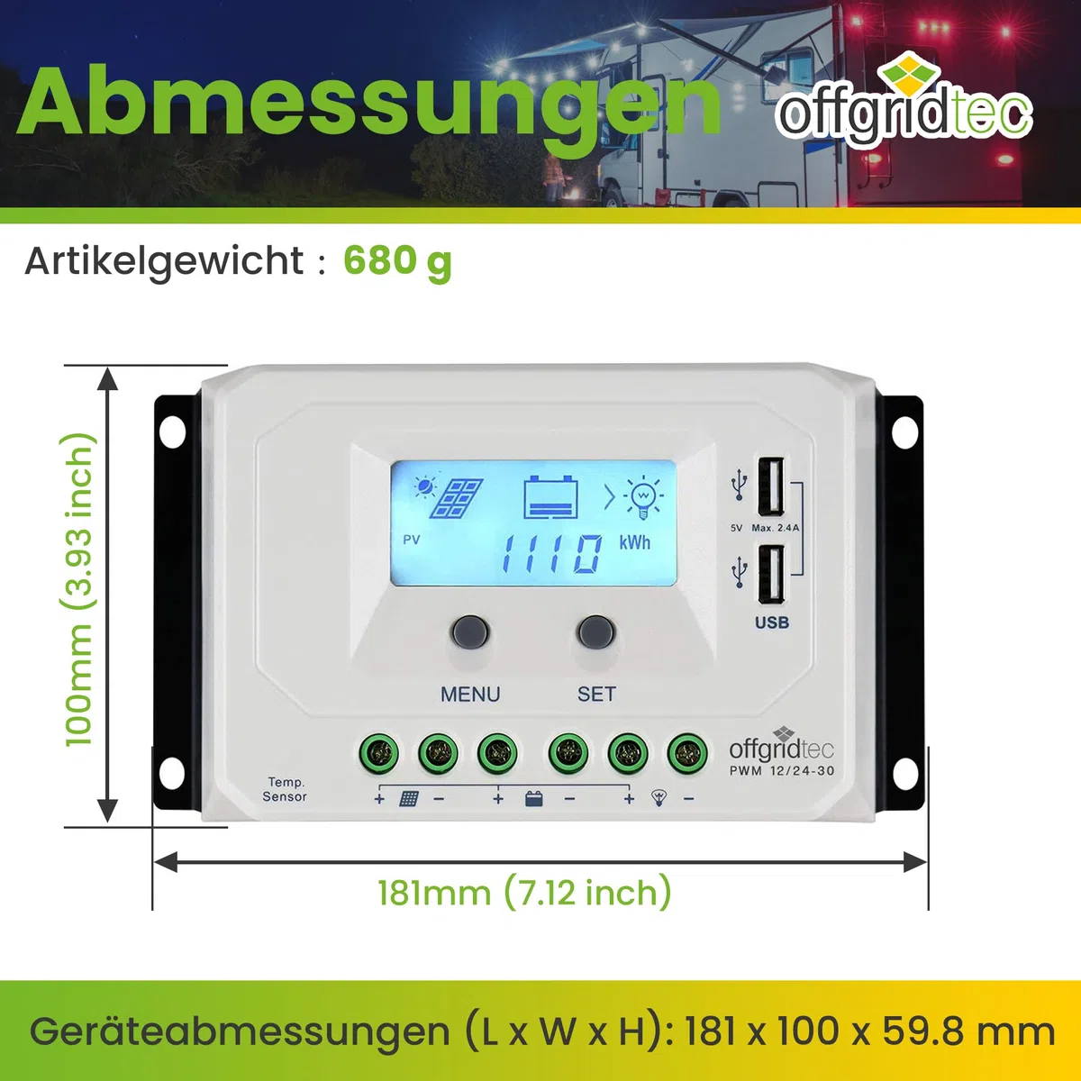 Offgridtec® PWM Pro Laderegler 12V/24V 30A USB