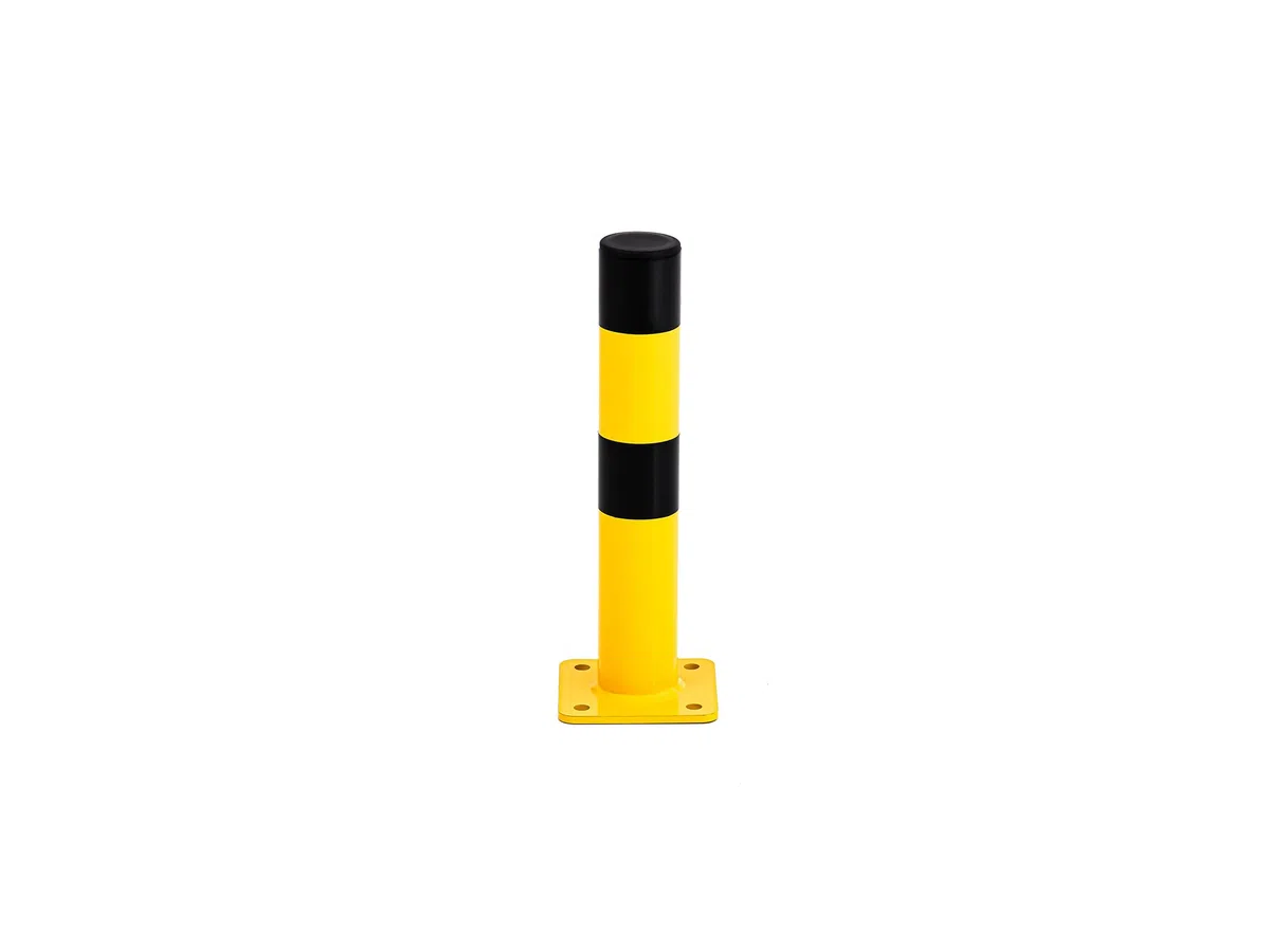 Absperrpfosten zum Aufdübeln 35 cm Höhe, Gelb-Schwarz, Ø 6 cm, 2,5 mm Materialstärke | Poller mit 12x12 cm Dübelplatte, Parkplatz Sperre, Anfahrschutz Prallschutz