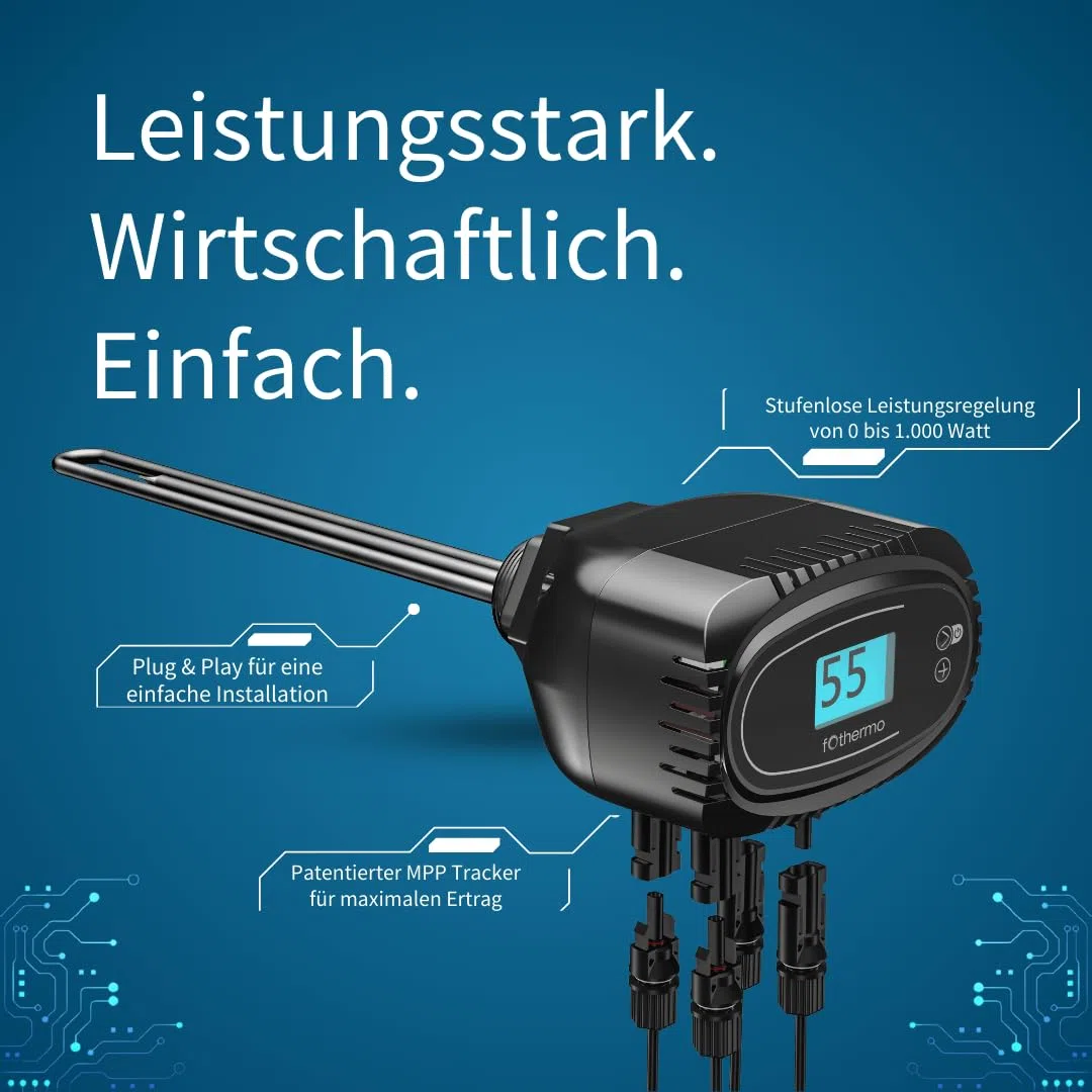 fothermo Solar Heizstab Komplettset 1000W mit 4x Aiko 500Wp PV Modulen – Photovoltaik Warmwasserbereitung für Boiler & Warmwasserspeicher – Plug & Play ROD-1000