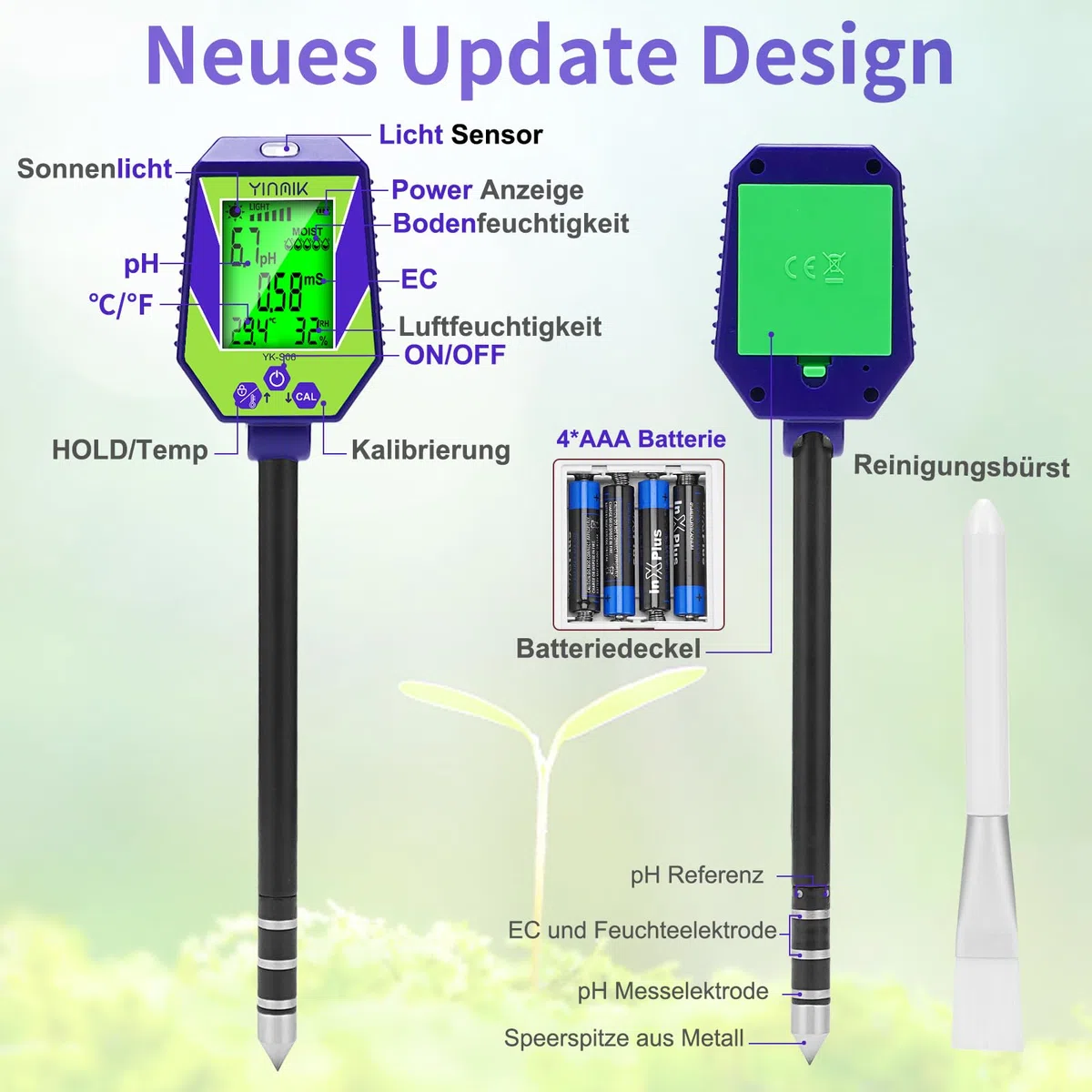 pH Leitfähigkeit Messgerät für Boden und Wasser, Pflanzen pH Feuchtigkeits Messgerät, Boden pH EC Messgerät, 6 in 1 Bodentestkits für pH/Feuchtigkeit/Leitfähigkeit/Licht/Luftfeuchtigkeit/Temperatur