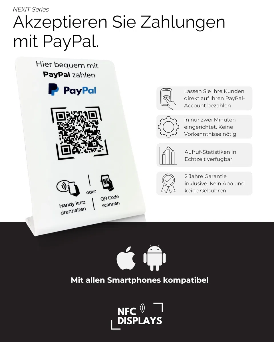 Aufsteller/Schild für PayPal-Zahlung mit QR-Code und NFC (16,5 x 10,5 cm) - weiß