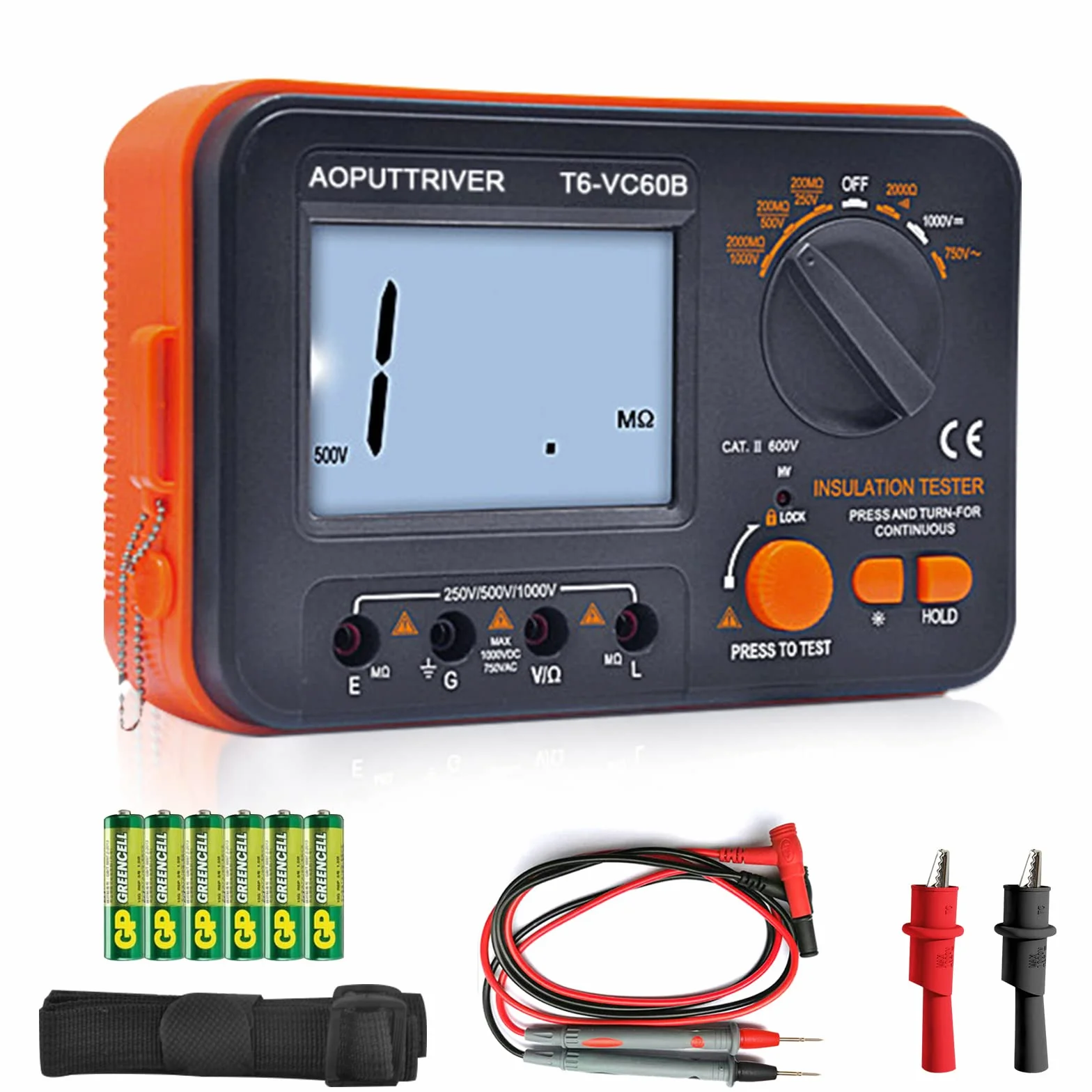 Digitaler Isolationswiderstandstester, 1999 Zählt Megohmmeter Großes LCD-Display Megohmmeter DC250/500/1000V AC750V, 200MΩ~2000MΩ mit Hintergrundbeleuchtung für Datenspeicherung für Motorkabel