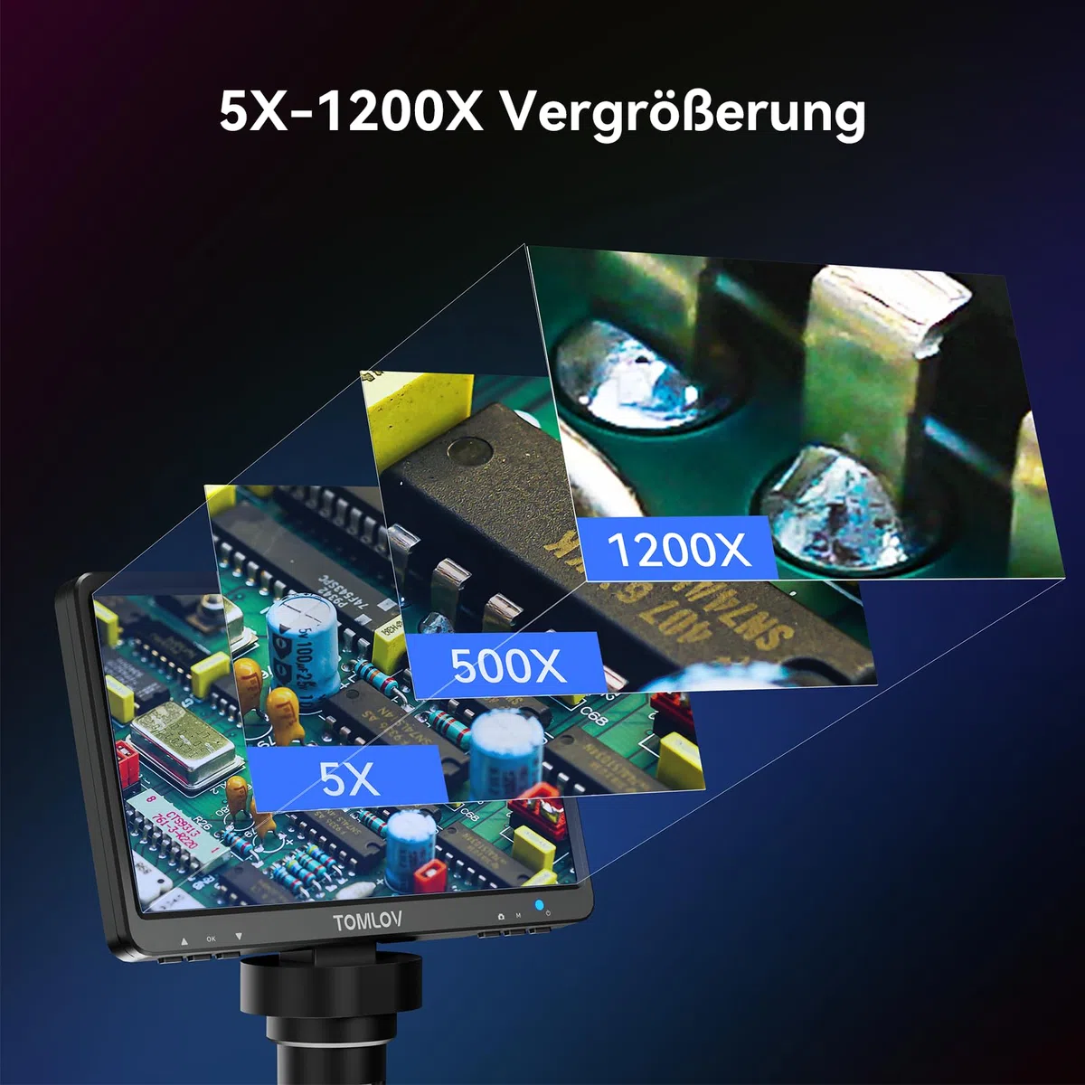 TOMLOV DM9 7" LCD Digital Mikroskop 1200X, 1080P USB Lötmikroskop, Handmikroskop mit einstellbarem Metallständer, 12MP Super präziser Fokus, LED-Volllicht, PC/Windows/Mac kompatibel, 32GB