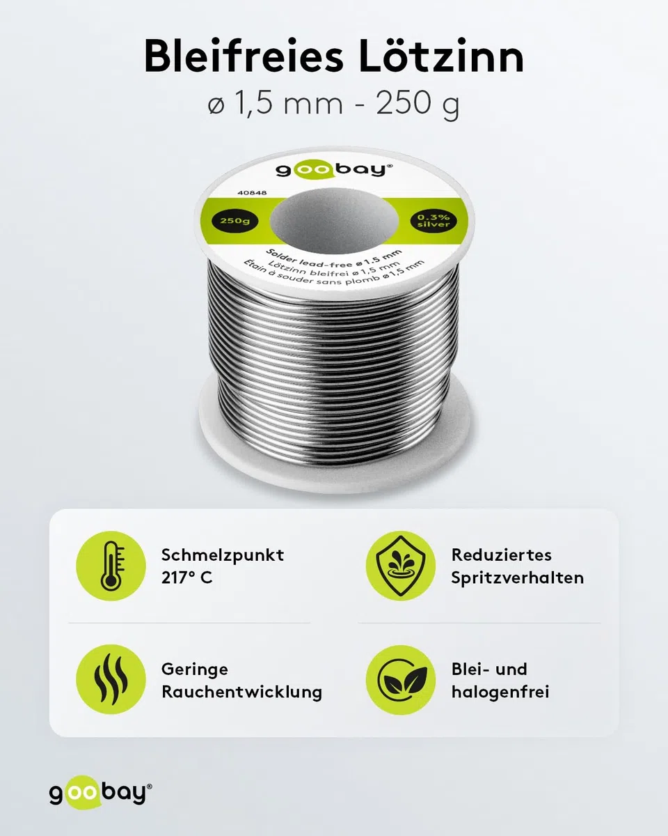 goobay Lötzinn Bleifrei 1.5mm für Kabel & größere Lötstellen, 250g Lötdraht mit Flussmittel, Elektronik Zinn zum Weichlöten - 40848