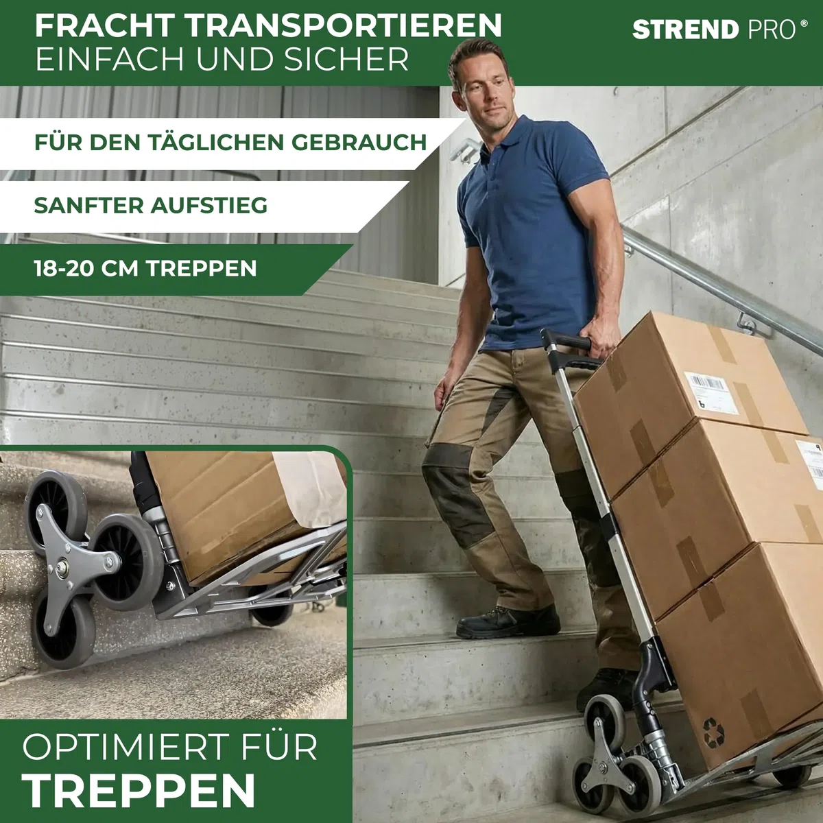 STREND PRO Sackkarre Treppensteiger 80kg | Klappbare Treppenkarre mit 3-Rad-System | Robuste Transportkarre für Treppen & Stufen | Handkarre Höhenverstellbar & Kompakt