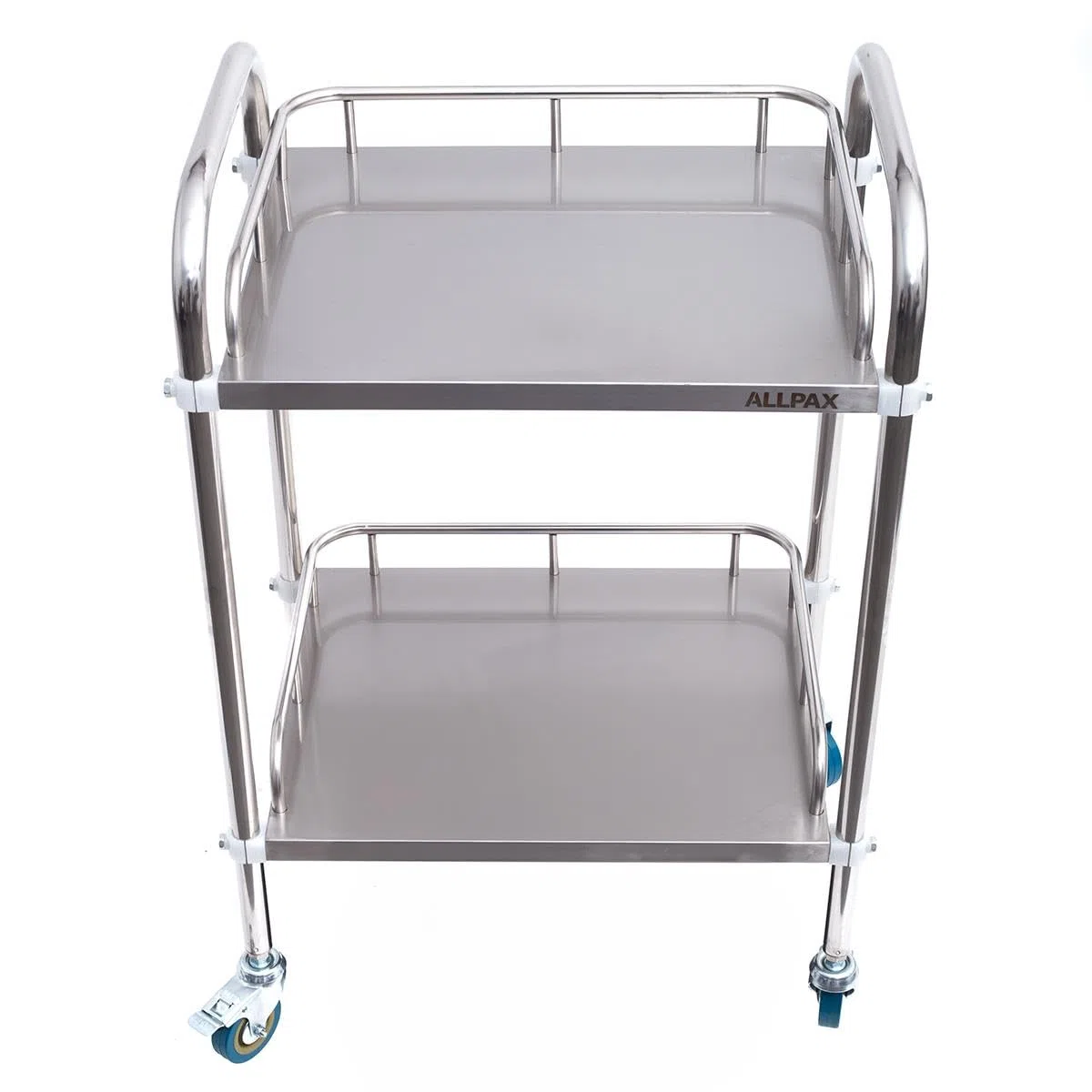 Allpax Labor-Rollwagen aus Edelstahl mit 2 Ablagen und Lenkrollen, 500 x 400 x 860 mm, 100 kg Tragfähigkeit - Abräumwagen, Servierwagen, Transportwagen, Küchenwagen