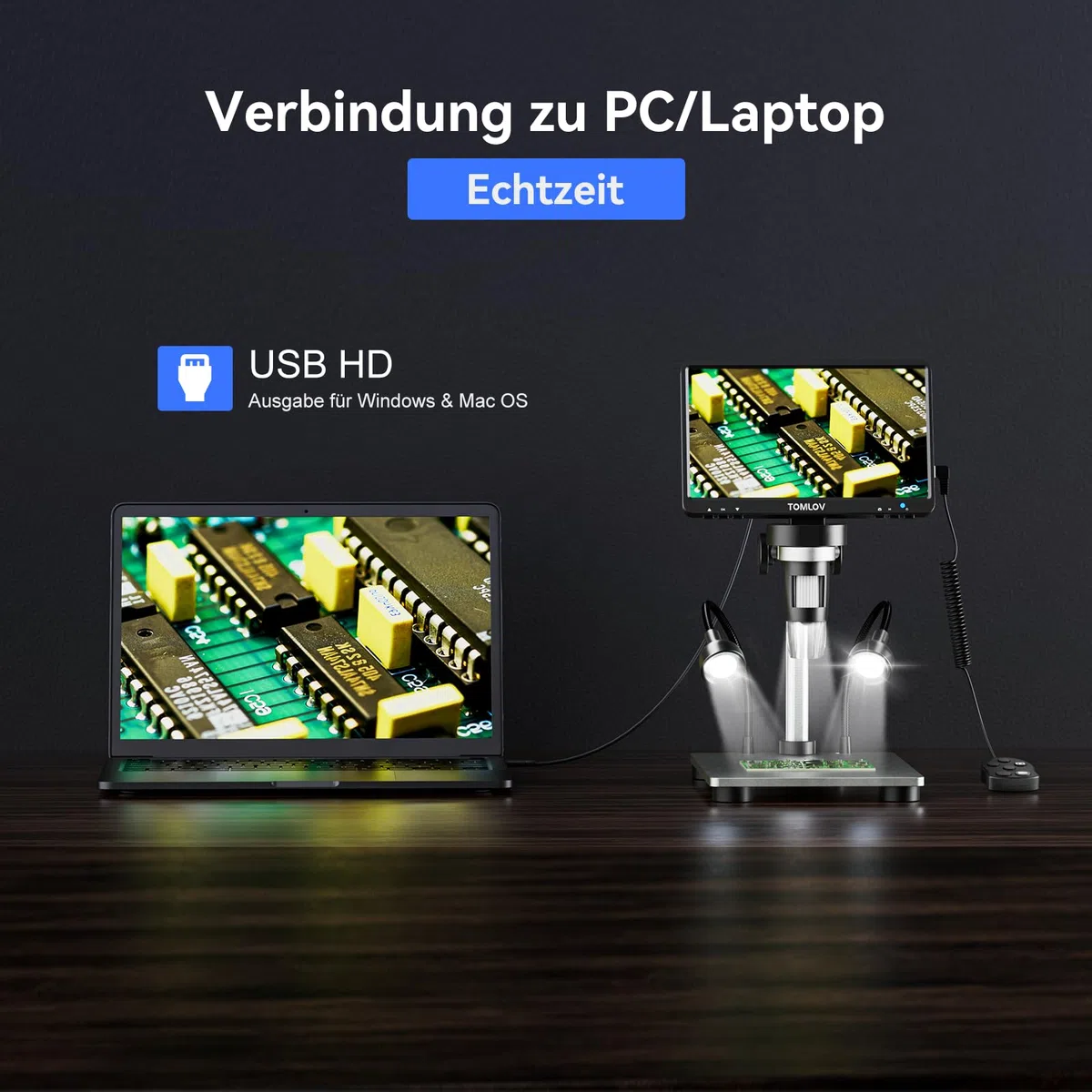 TOMLOV DM9 7" LCD Digital Mikroskop 1200X, 1080P USB Lötmikroskop, Handmikroskop mit einstellbarem Metallständer, 12MP Super präziser Fokus, LED-Volllicht, PC/Windows/Mac kompatibel, 32GB