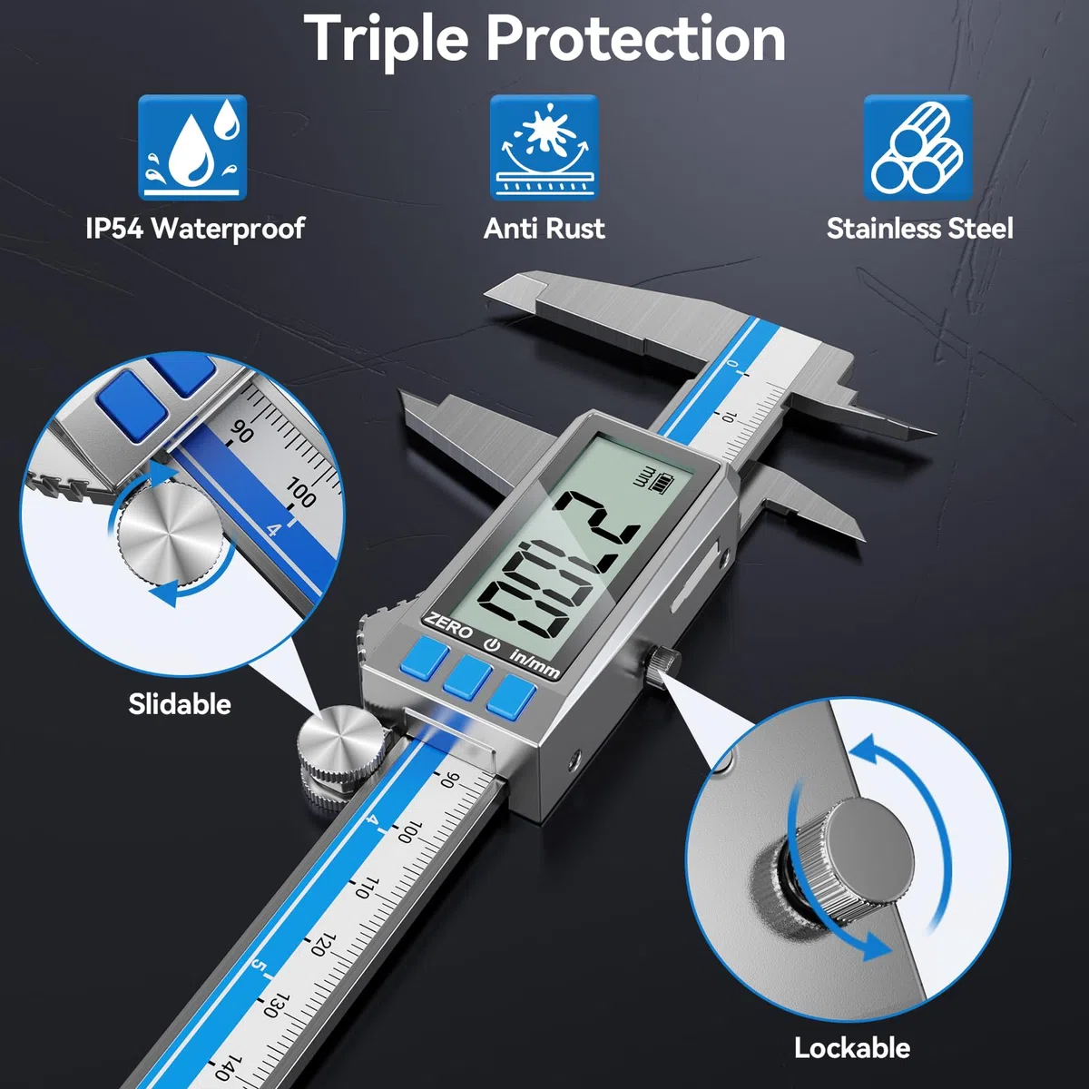 Preciva Digitaler Messschieber Aufladbar, 150 mm/0-6 Zoll Schieblehre Edelstahl, IP54 Schutz, LCD Display mit Automatischem Abschalten, Messwerkzeug für Haushalt, DIY und Industrie