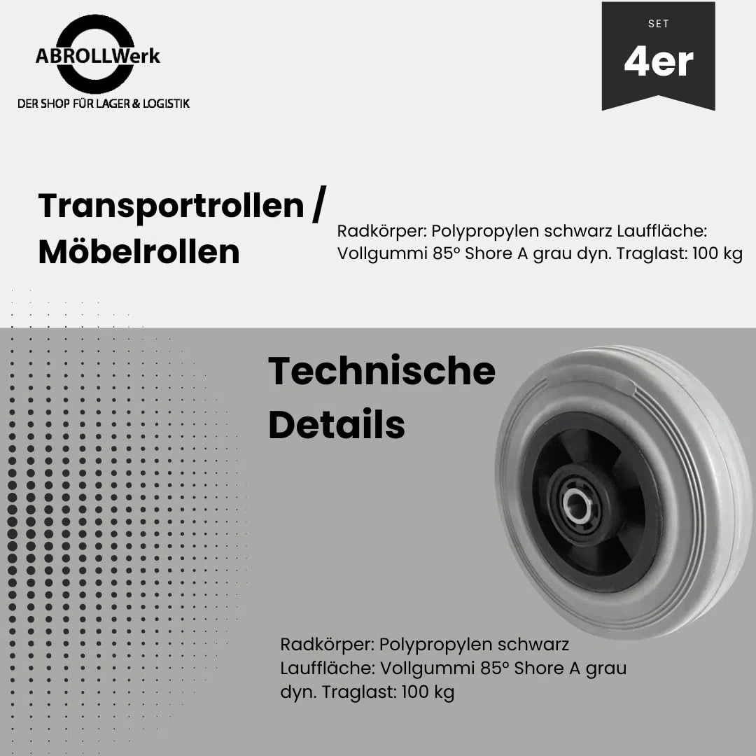 4er Set Rad 125 mm Gummi grau spurlos – Ersatzrad mit Rollenlager & Achszubehör M10 – 100 kg Traglast pro Rad – Bodenschonende Transportrollen für Rollwagen & Möbel