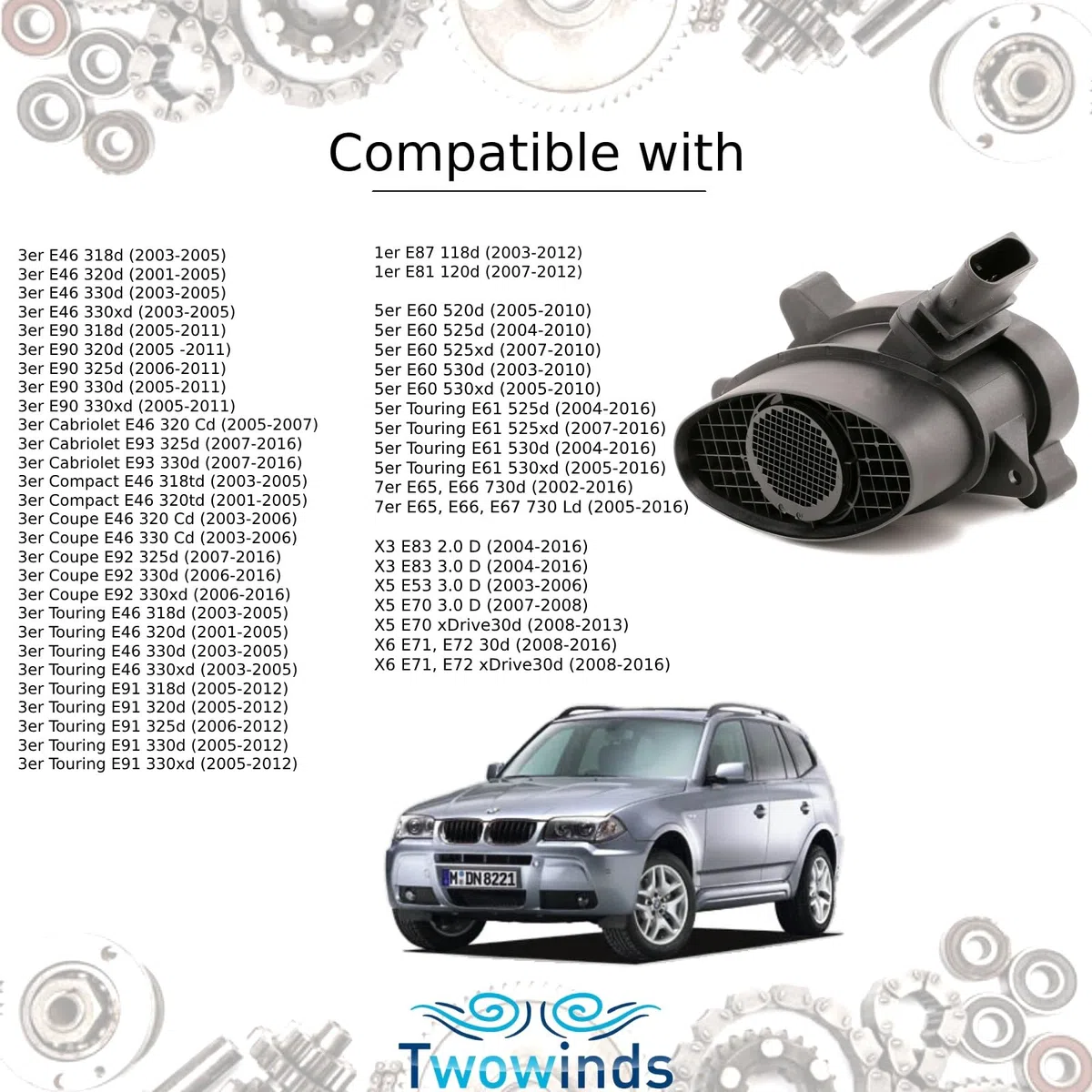 Twowinds - Durchflussmesser 0928400529 Kompatibel mit BMW E46 E53 E60 E61 E65 E66 E67 E90 E91 E92 E93 E87 E83 X5 X6 X3-13627788744 - 77 182211. 04 – 70640146 – Luftdurchflussmesser
