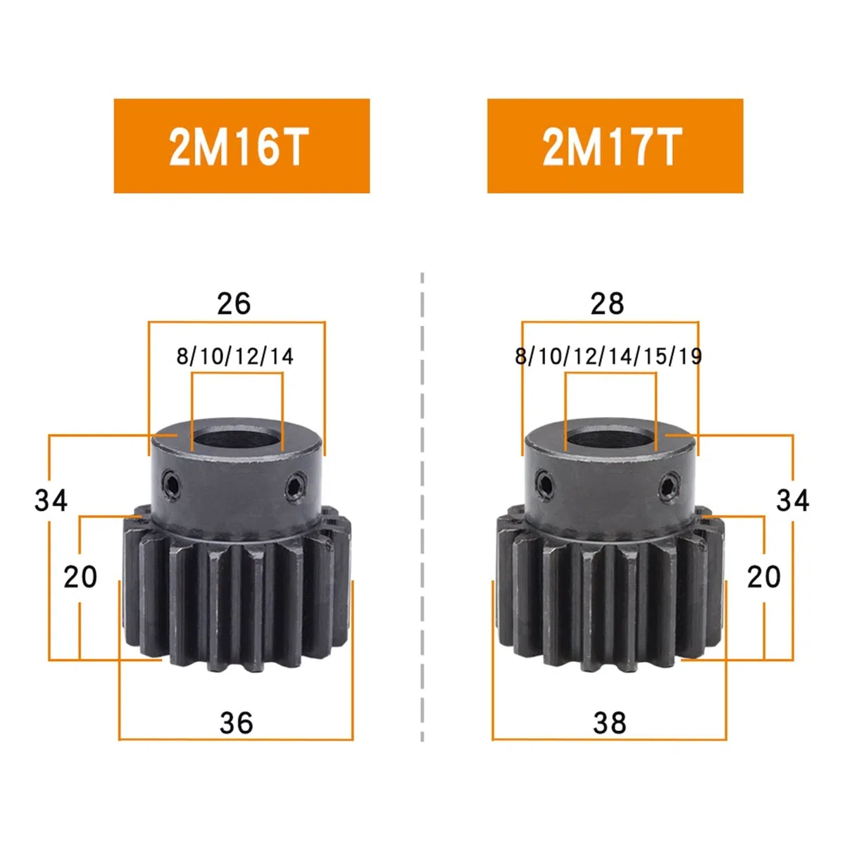 Zahnradsatz, Ritzel, 1 Stück, 2M, 16 Zähne, 17 Zähne, Stirnrad, 8 mm, 19 mm Bohrung, 2 Module, 16 Zähne, 17 Zähne, Ritzel, Schwärzung, 45 Kohlenstoffstahl, Getriebezahnräder, Bohrung, Welle(2M 16T Bor