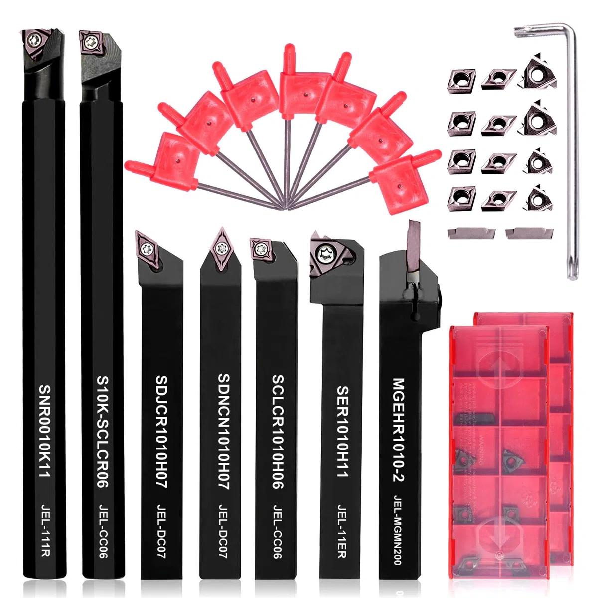 Donken Drehmeißel mit Wendeplatten, 28er Drehwerkzeughalter Set Inhalt 7 Stk. 10 mm Schaft-Bohrstangenhalter, 14 Stk. Hartmetall-Wendeschneidplatten, 7 Stk. T8 Schraubenschlüssel (10 mm)