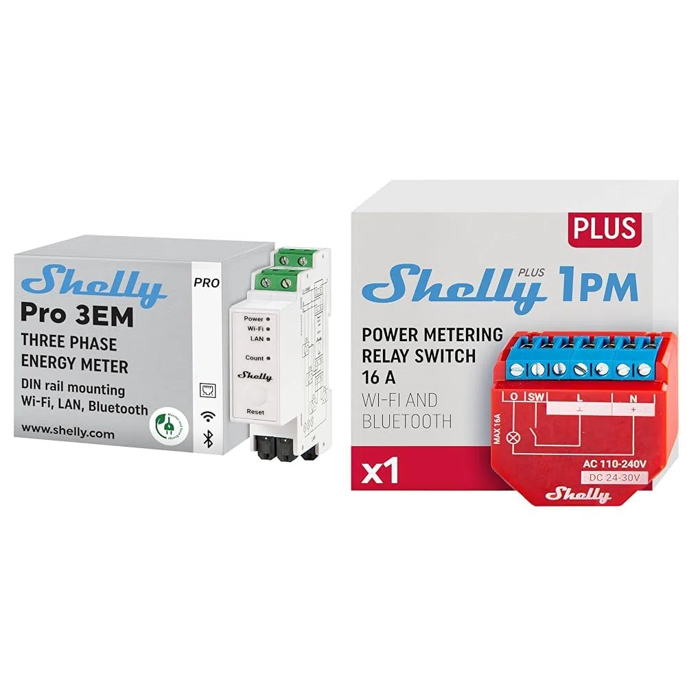 Shelly Pro 3EM (120A) | WLan & Bluetooth Smart Energy Monitoring 3-Phasen-Relaisschalter & Plus 1PM | WLAN & Bluetooth Relais Schalter mit Strommessung