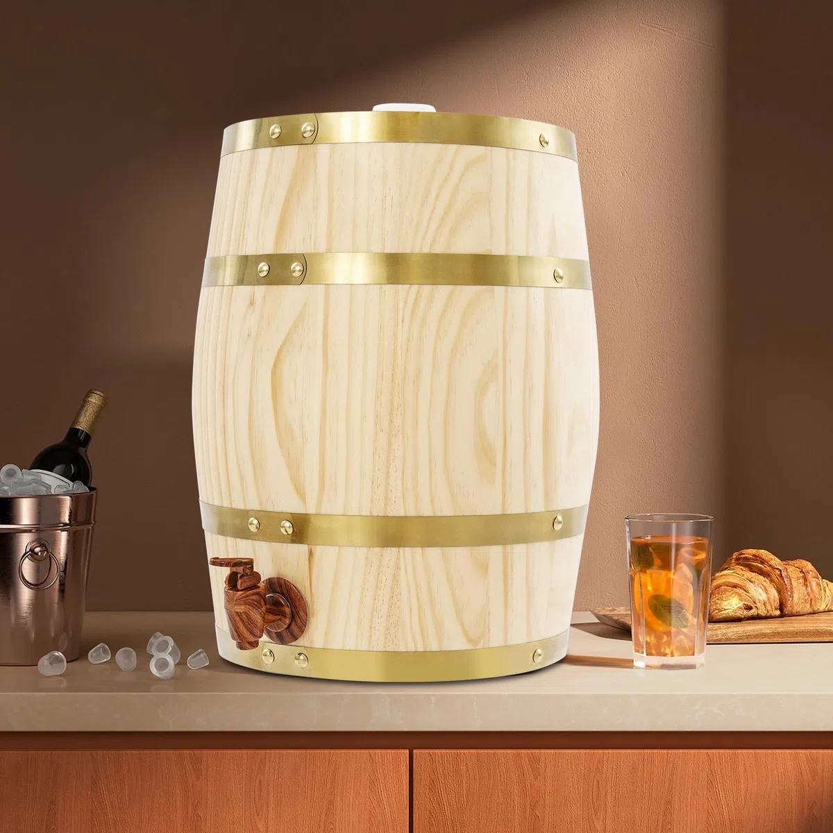Weinfass aus Kiefernholz, 10L Vertikal Whiskyfass Schnapsfass Bierfass, Holzfass mit Zapfhahn zur Aufbewahrung von Whisky, Rum, Brandy, Tequila, Wein und Bier, 26x33cm