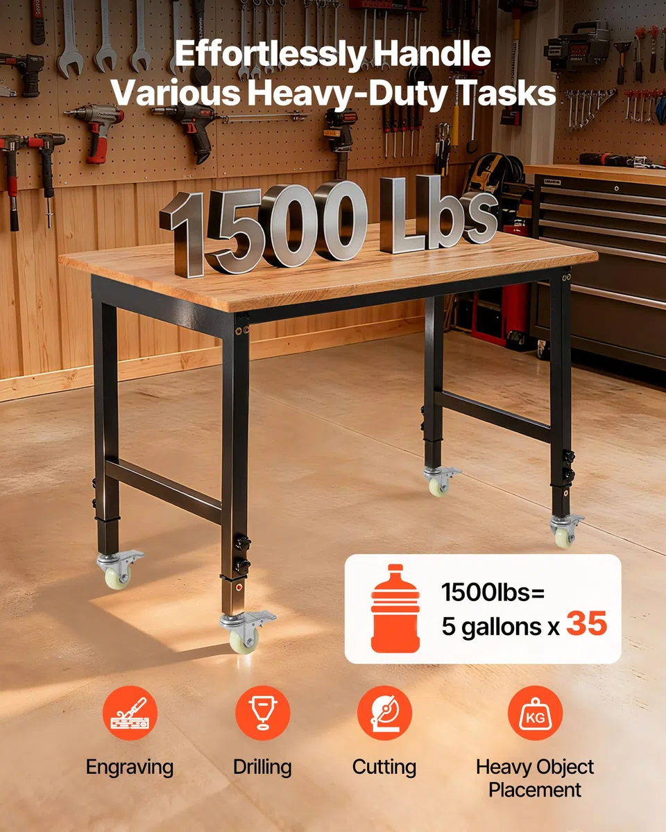 VEVOR Werkbank, 680 kg, Werkstatttisch mit Rolle, 122x60 cm große Arbeitsplatte aus Eichenholz, Arbeitstisch mit Höhenverstellung von 725-1075 mm, Werktisch für Garage, Werkstatt, Zuhause & Büro