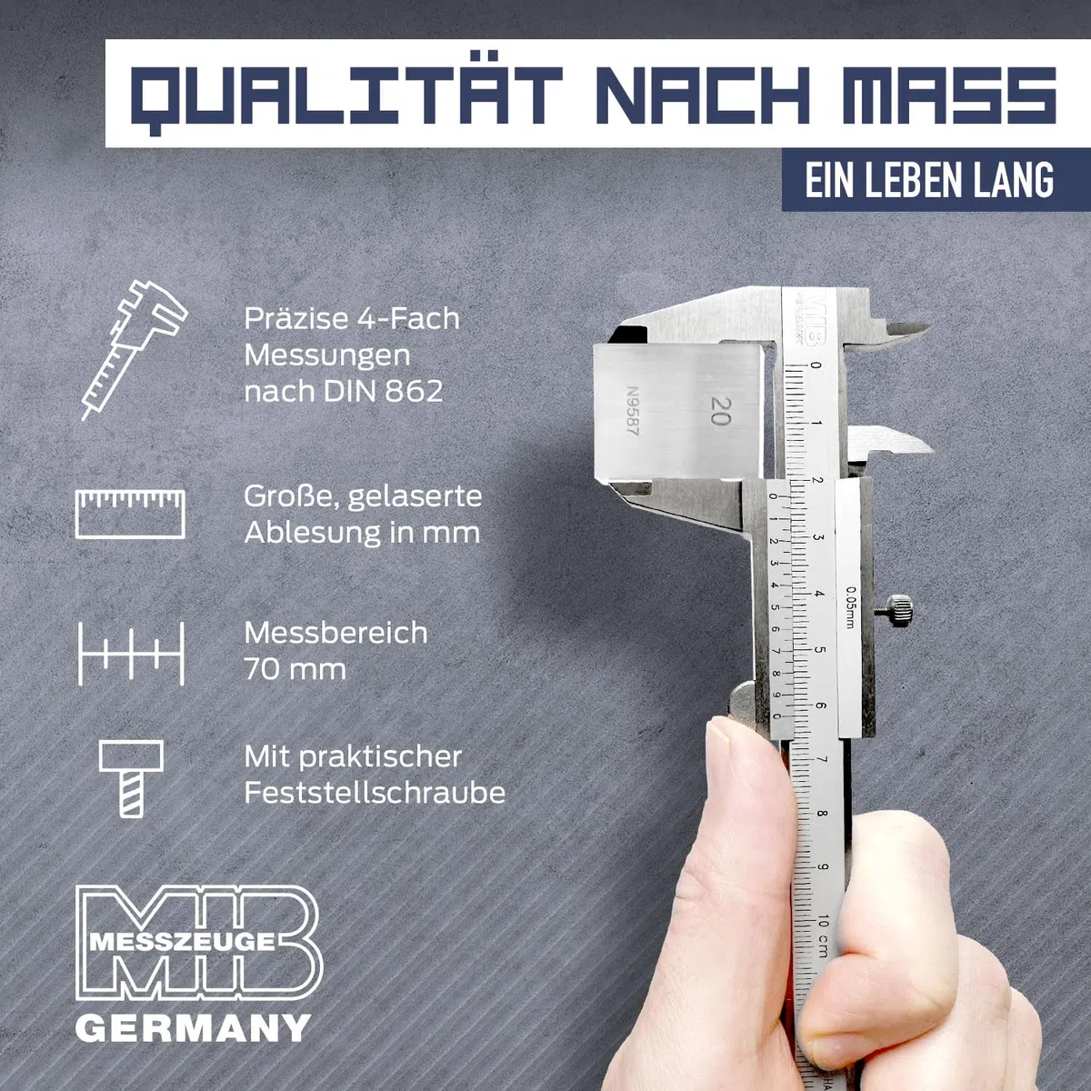 MIB Klein-Messschieber mit Feststellschraube DIN 862 70mm | Schieblehre rostfreier Stahl | Analog Messschieber | Schublehre mattverchromt | Präzisions-Messgerät für 4-fach Messung | Messwerkzeug