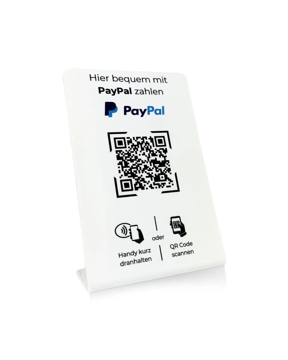 Aufsteller/Schild für PayPal-Zahlung mit QR-Code und NFC (16,5 x 10,5 cm) - weiß