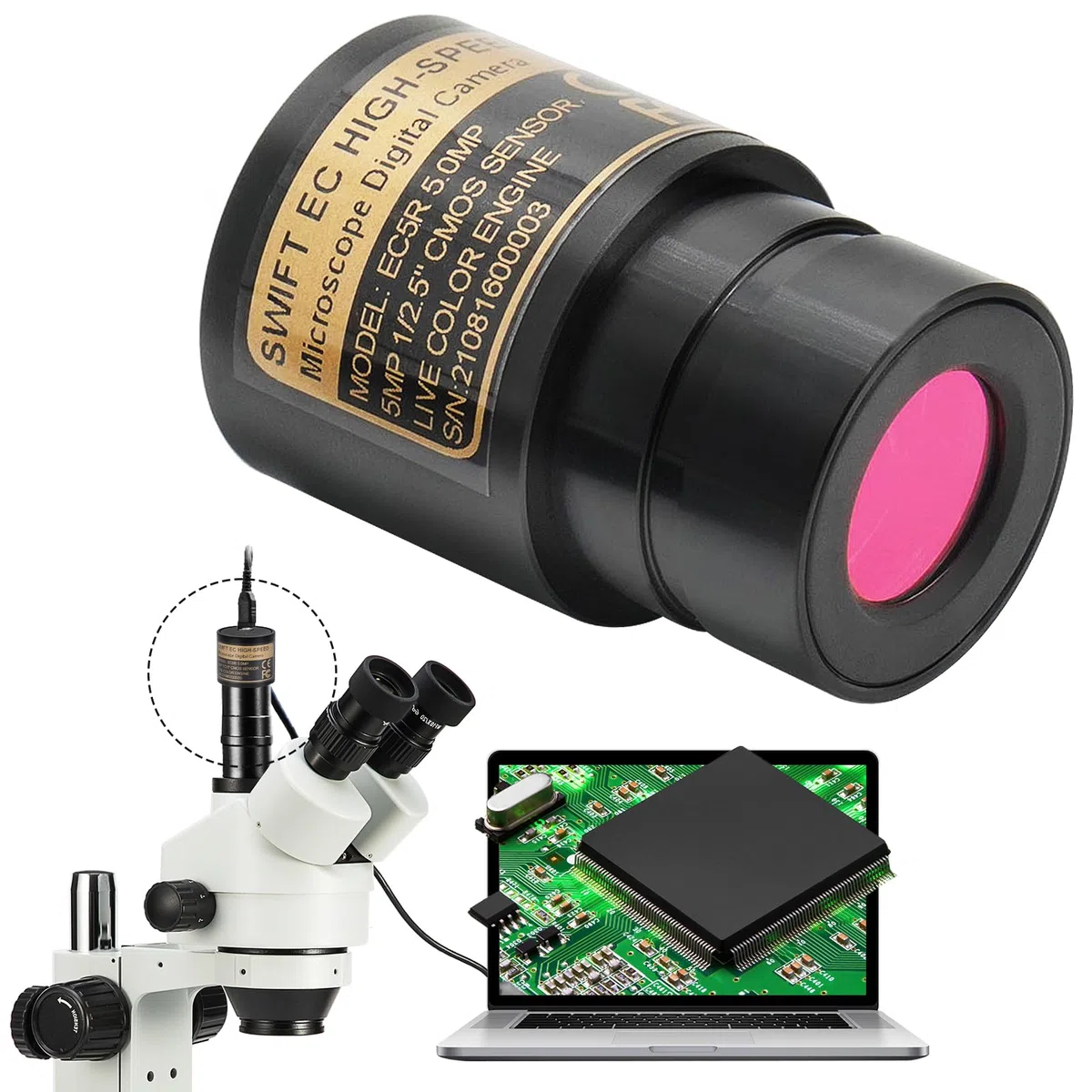SWIFT EC5R Digitale 5,0-Megapixel-Mikroskop Kamera für Farbfotografie und Video, Okularhalterung, USB 2.0-Anschluss, Windows- und Mac-kompatibel