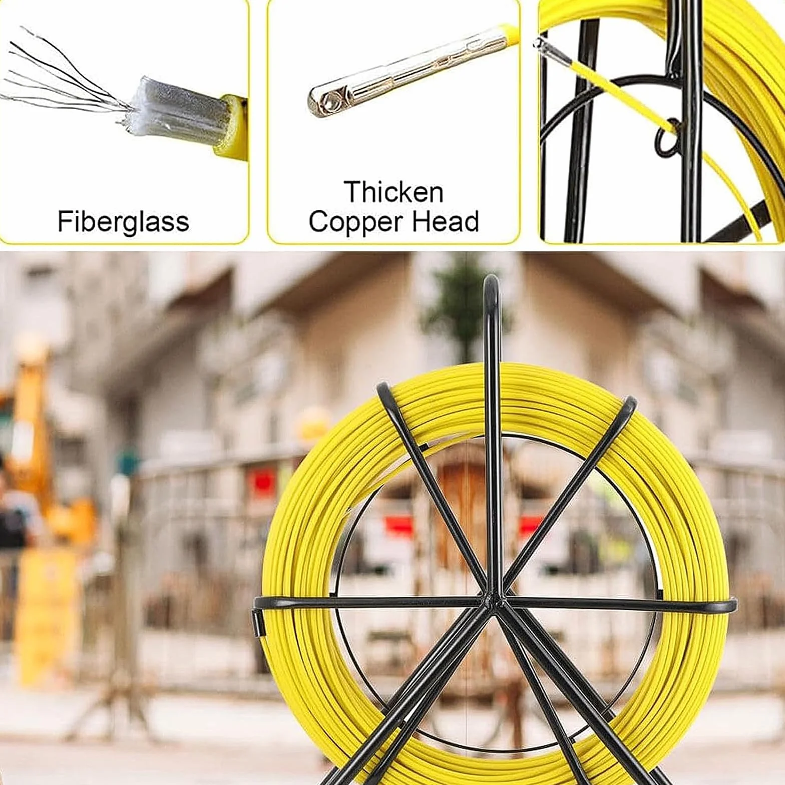 Glasfaserstab 50 m Ø 5 mm, Fischband Fiberglas Kabel Rad Rohr Rodder mit Stahlständer und Bremse, Hand-betrieben Draw Wire Retractable Einfädler