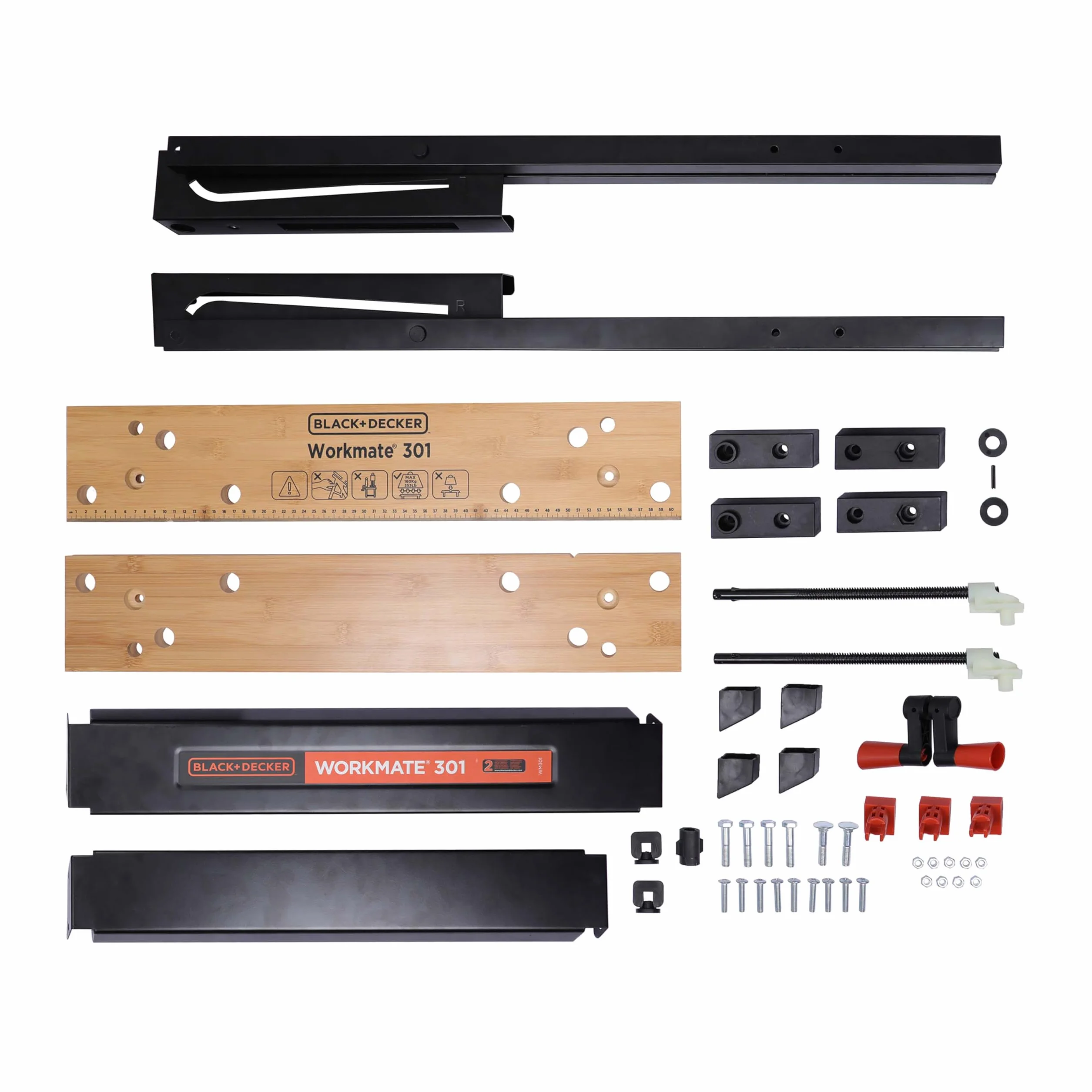 BLACK+DECKER tragbare Werkbank für Werkstatt - Sägebock Werkbank klappbar als Werkstatteinrichtung (freistehend, Abmessung der Arbeitsplatte: 610x250 mm, max. Tragkraft: 160 kg) WM301