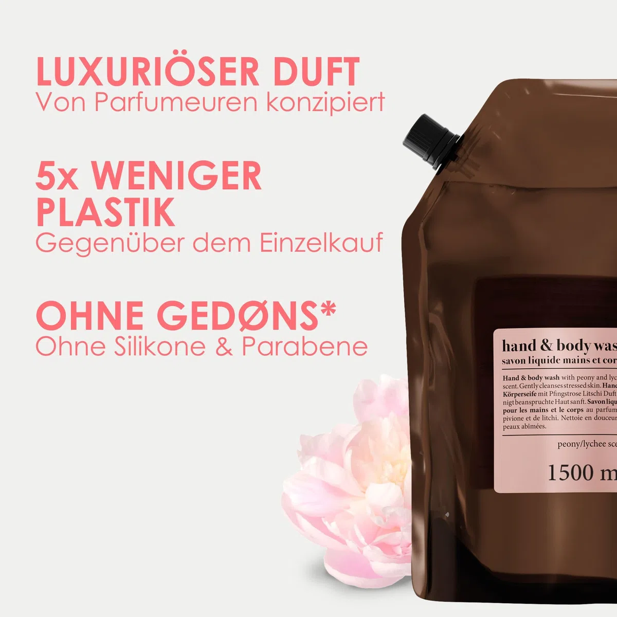 Jean & Len Hand & Body Wash Pfingstrose & Litschi, reinigt und pflegt die Haut beim Waschen, blumig-zarter Duft, Flüssigseife im Nachfüllpack, ohne Parabene & Silikone, vegan, 1,5L