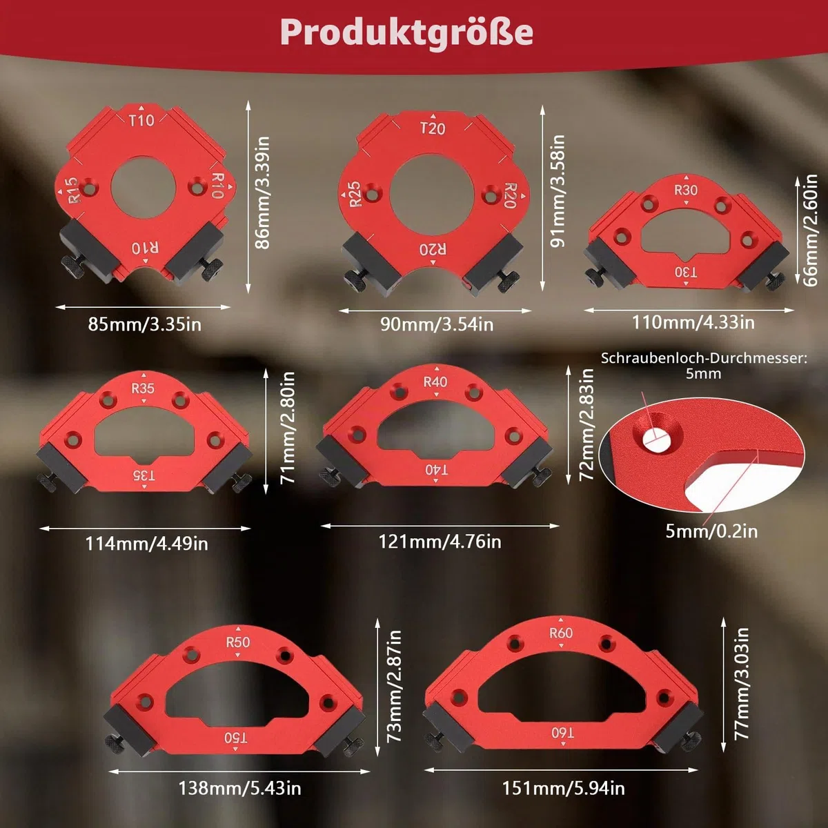 Frässchablone Oberfräse, 7 Stück Router Jig Radius Schablone für Holzbearbeitung R10 R15 R20 R25 R30 R35 R40 R50 R60 T10 T20 T30 T35 T40 T50 T60 Aluminiumlegierung Eckradius-Schablone
