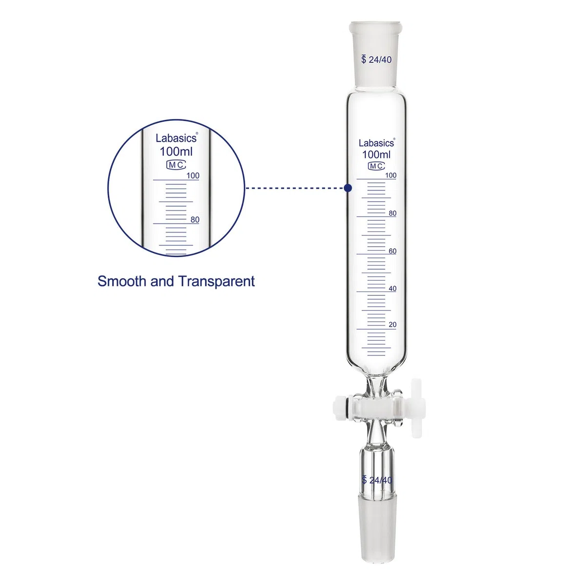 Labasics Additionstrichter, Graduierter Tropftrichter aus Borosilikatglas mit 24/40 Normschliff und PTFE-Hahn für Laborzugabe, 100 ml