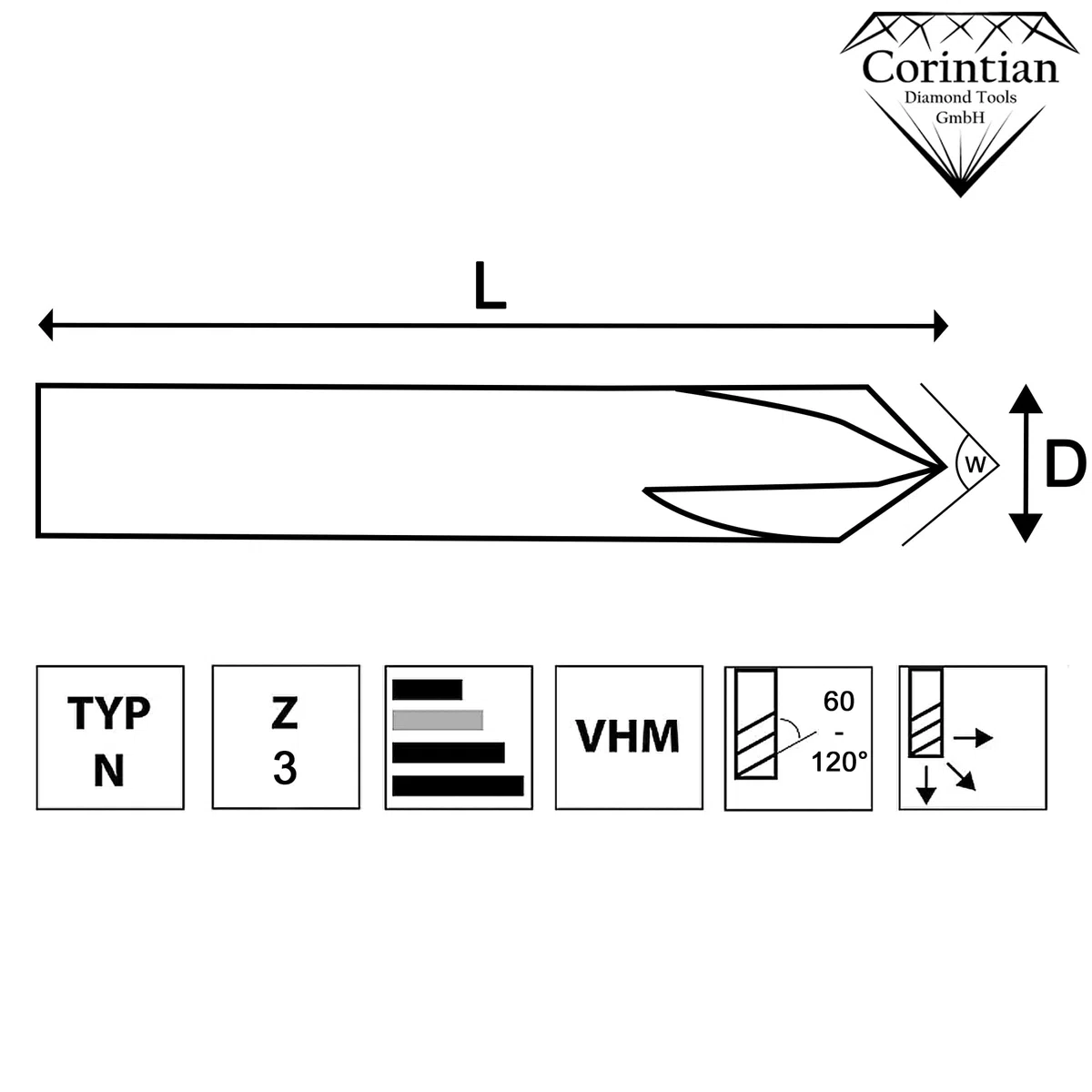 VHM Fasenfräser mit AlTiN Beschichtung, Ø 3-12mm, 60-120° Winkel, 3 Schneiden, High Performance Cutting HPC geeignet (10mm, 90° Winkel)