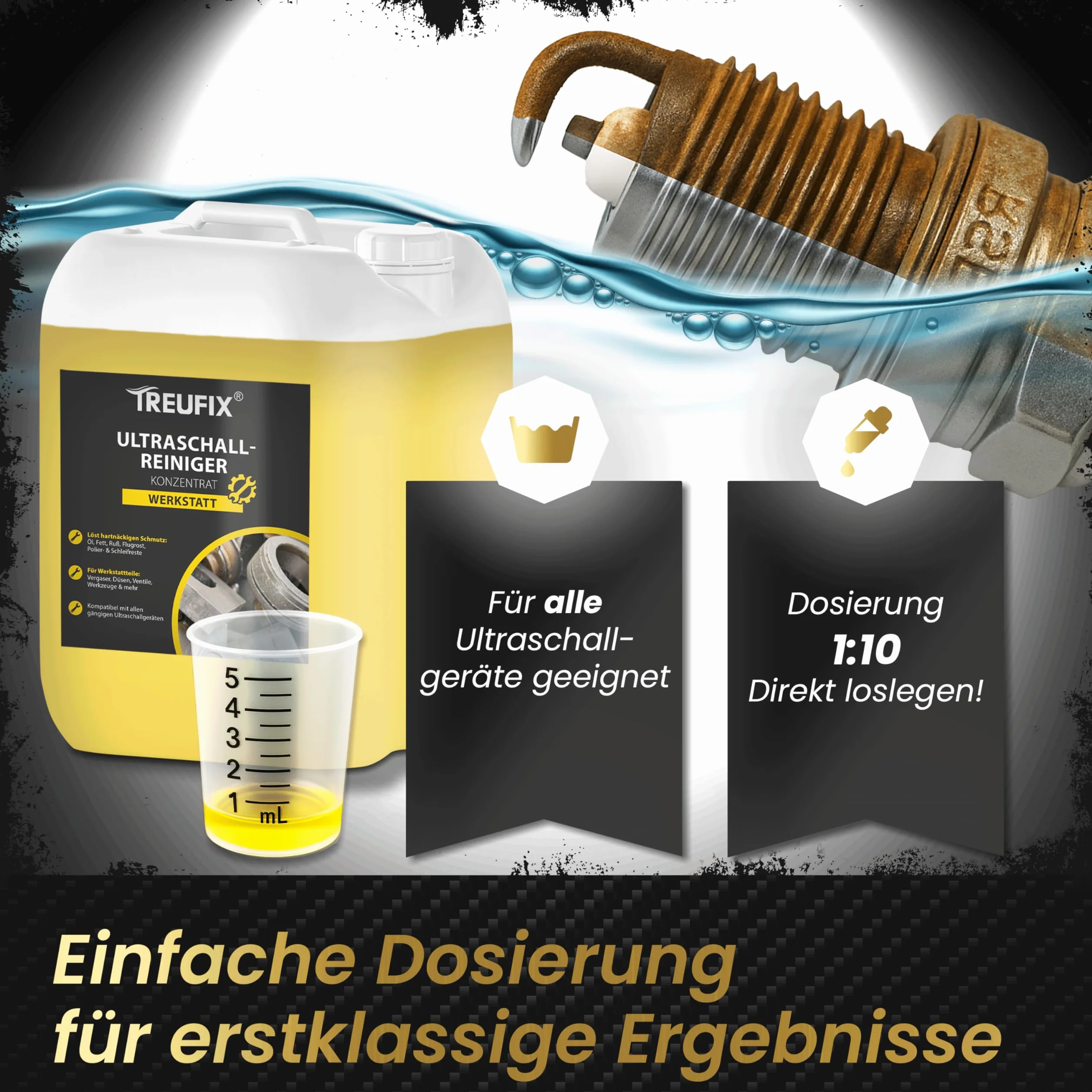 Treufix Ultraschallreiniger Konzentrat Werkstatt 5L | für Vergaser, Einspritzdüsen, Motorenteile – stark gegen Öl, Fett, Ruß – materialschonend & effektiv – Made in DE