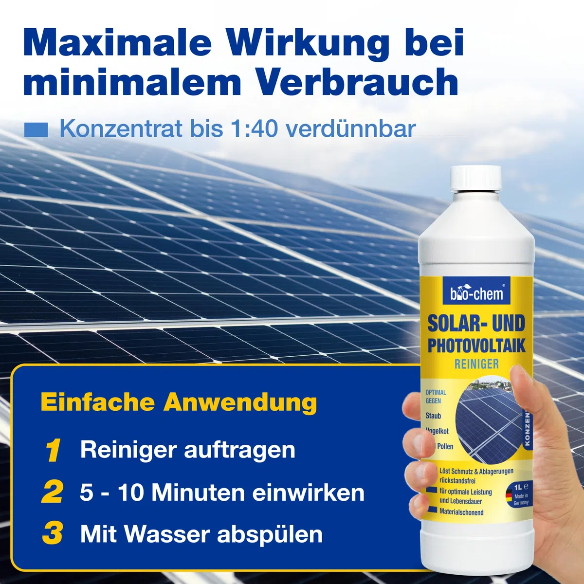 bio-chem Solarreiniger PV Photovoltaik Konzentrat 3x 1L | Bis 1:20 verdünnbar | für Solar- und Photovoltaikflächen, tiefenwirksam und materialschonend