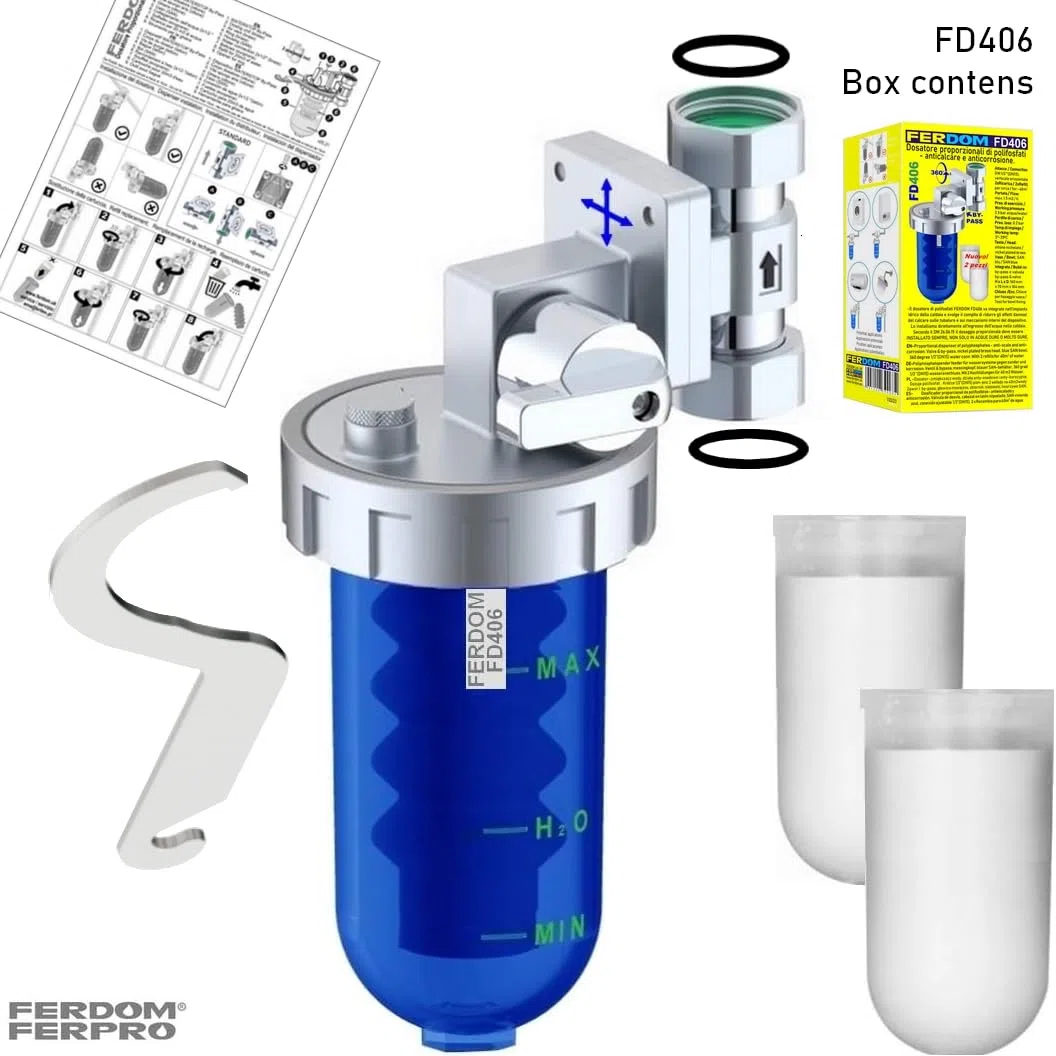 FERDOM Poliphosphatspender Feeder für Wassersysteme gegen Zunder und Korrosion. Ventil & Bypass, Messingkopf, blauer SAN-Behälter, 360 Grad 1/2 ”(DN15) Wasseranschluss. Mit Nachfüllung für 20m3 Wasser
