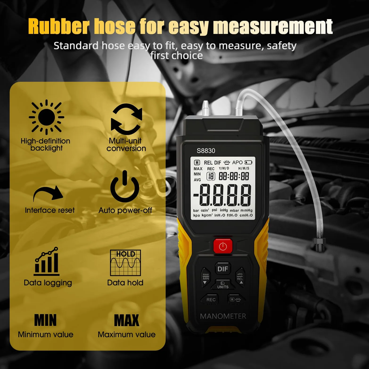 Differenzdruckmessgerät Digital Manometer GR-T9-S8830 Professioneller Druckmessgerät mit zwei Anschlüssen LCD-Druckmesser mit Hintergrundbeleuchtung für die Prüfung von Erdgasleitungen usw