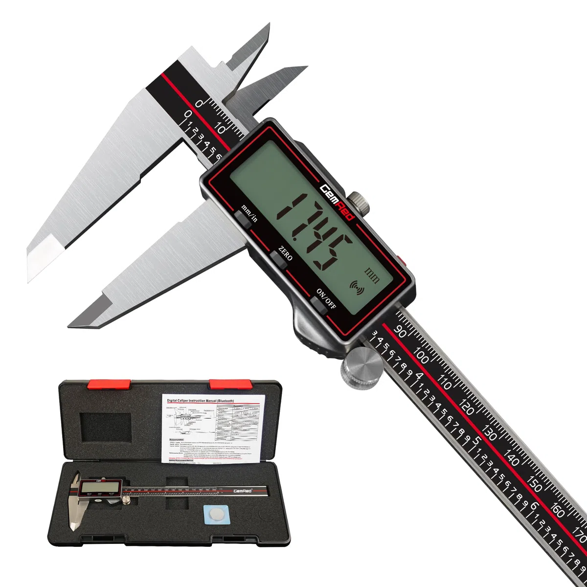 GemRed Digitaler Messschieber 150 mm, Kabelloser Edelstahl Messschieber mit Großem LCD-Display, Schieblehre digital, mm/Zoll Umrechnung, Auto-Off, 4-Wege-Messung für Werkstatt, DIY & 3D-Druck