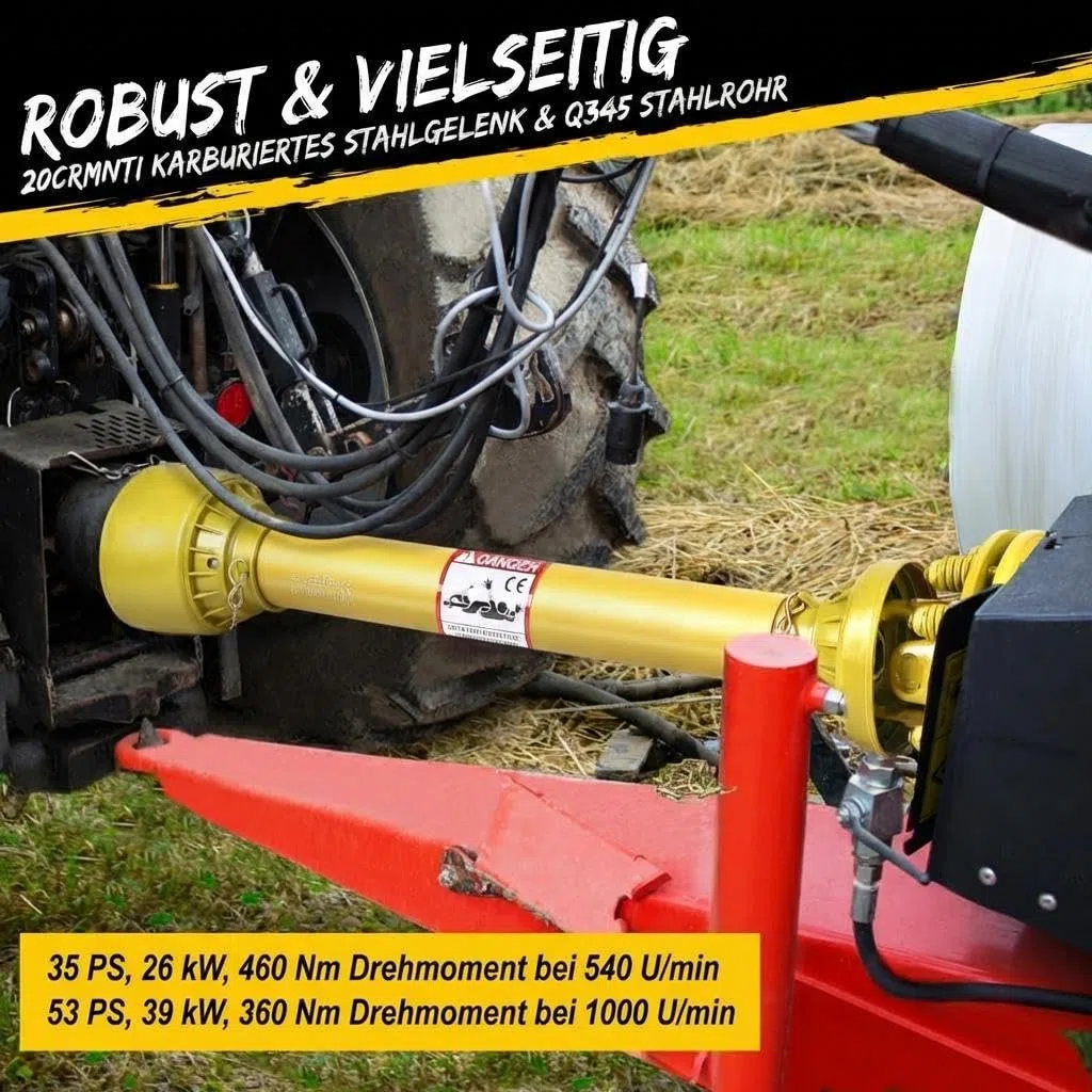 Serie 4 Zapfwelle Gelenkwelle mit Rutschkupplung, 1 3/8 Zoll 6 Zahn beidseitig, Teleskop 109–145 cm, Einsatzgehärteter Stahl, für Traktor Mulcher Kreiselmäher Sichelmäher, Schwerlast PTO Welle Gelb