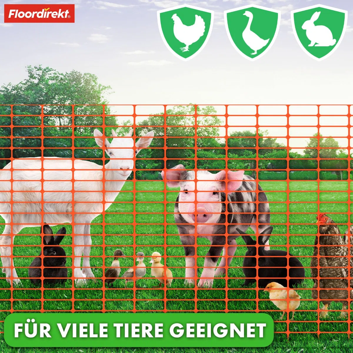 Floordirekt Hühnerzaun Viehzaun Schutznetz grün - 1m hoch 50m lang, zuschneidbar - Wiederverwendbare Absperrung Weidezaun robust (grün, 50m)